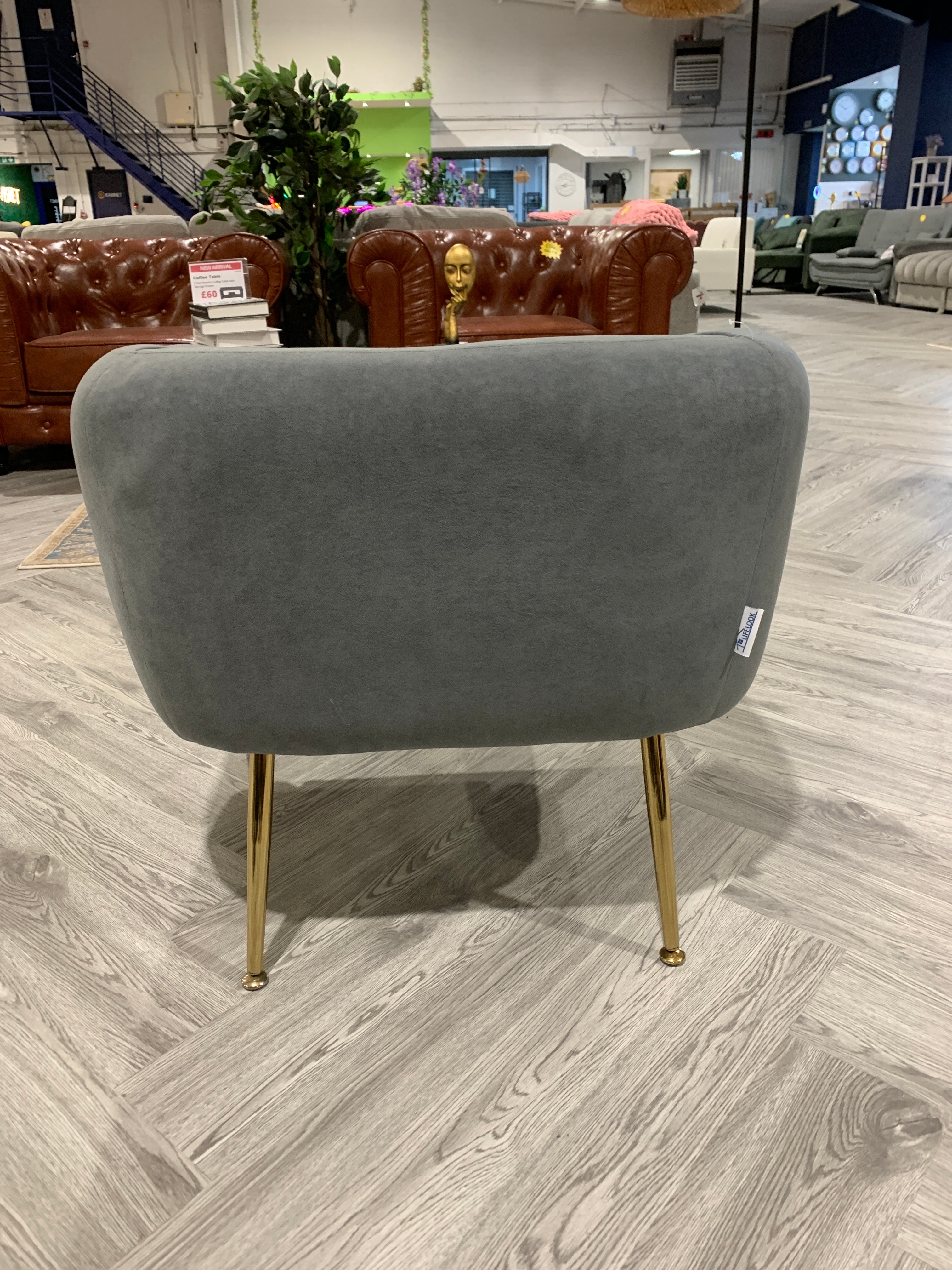 Grey Velvet Low Back Accent Chair with Metallic Legs