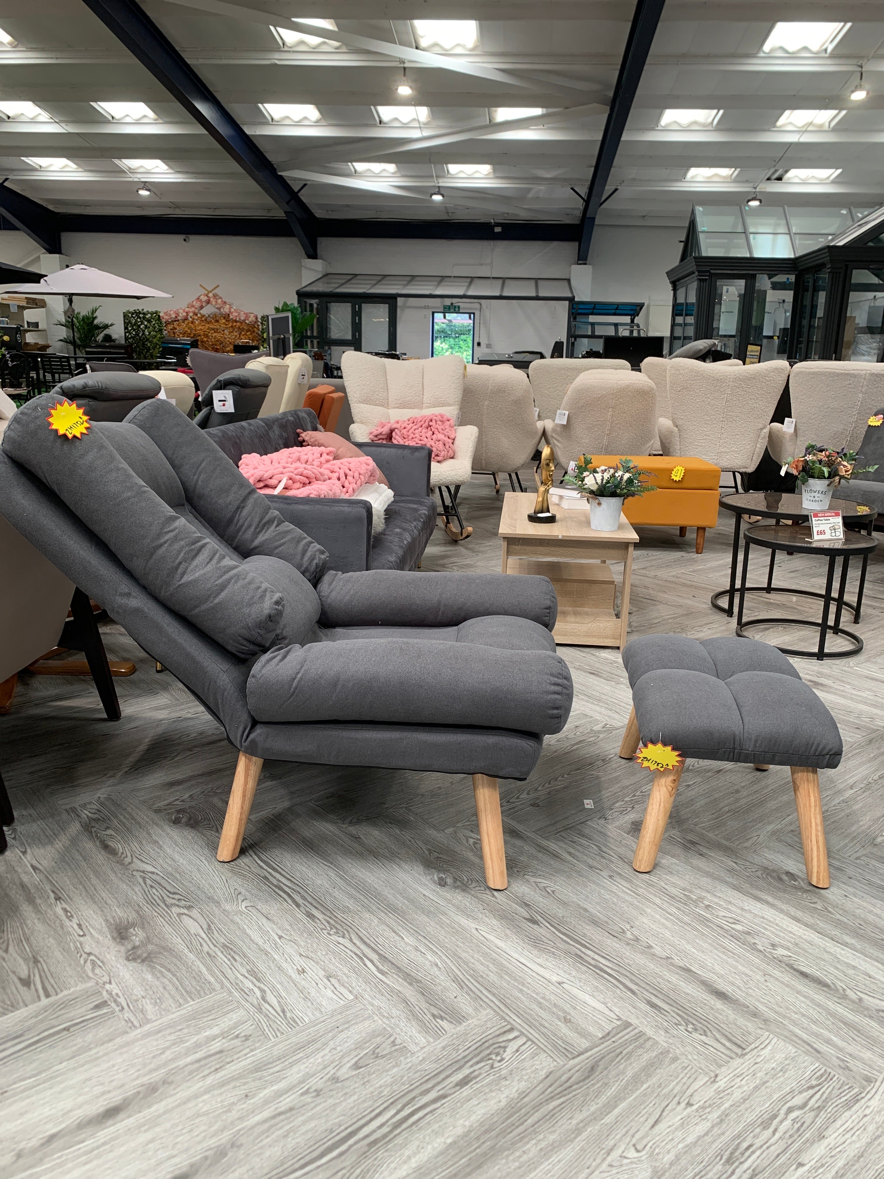 Modern Fabric Upholstered Recliner with Footstool with Side Bolsters Grey