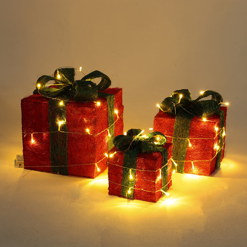Set of 3 Light-Up Square Christmas Gift Boxes Glitter Presents Decoration