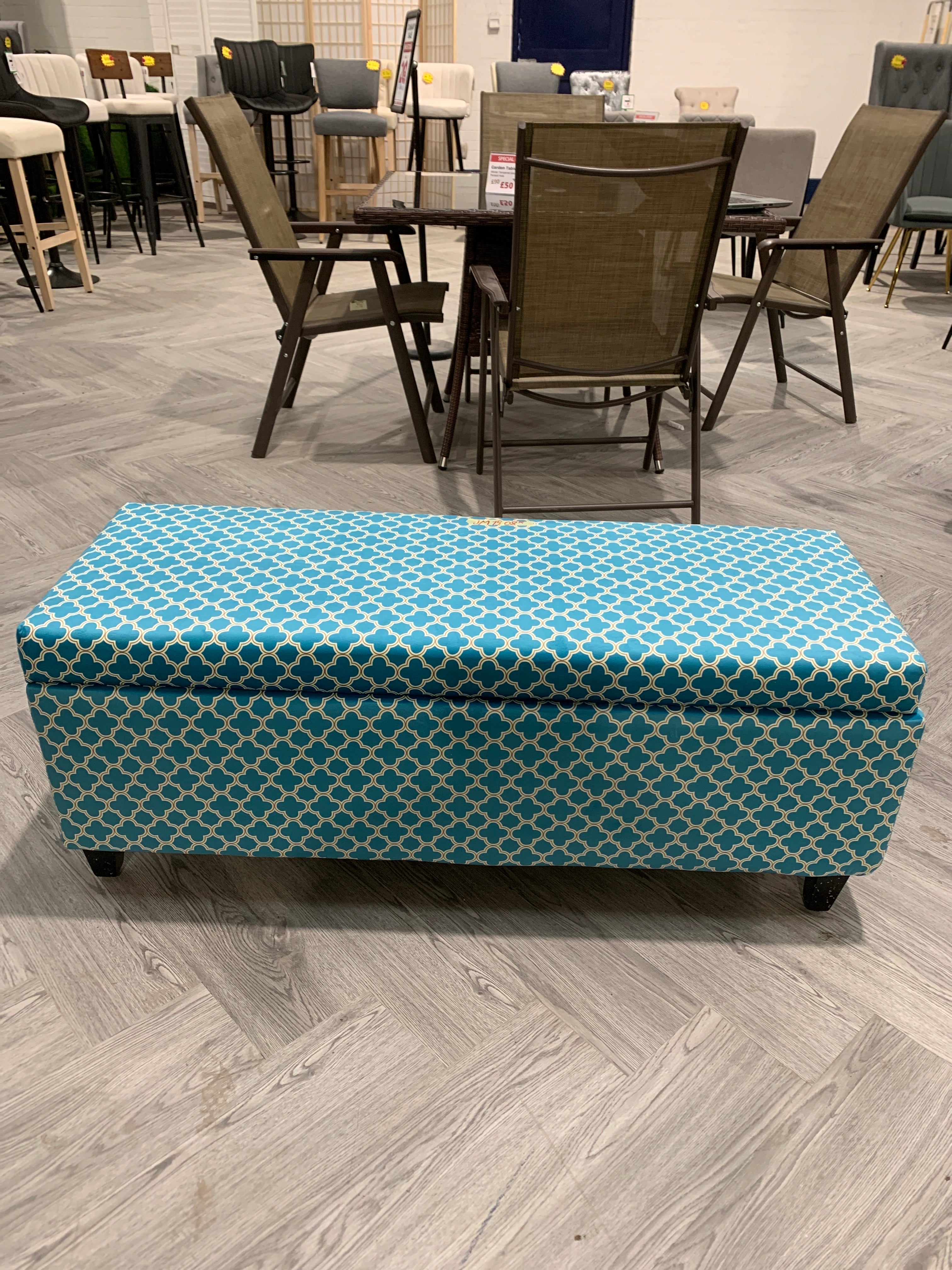 Blue White Floral Fabric Storage Bench