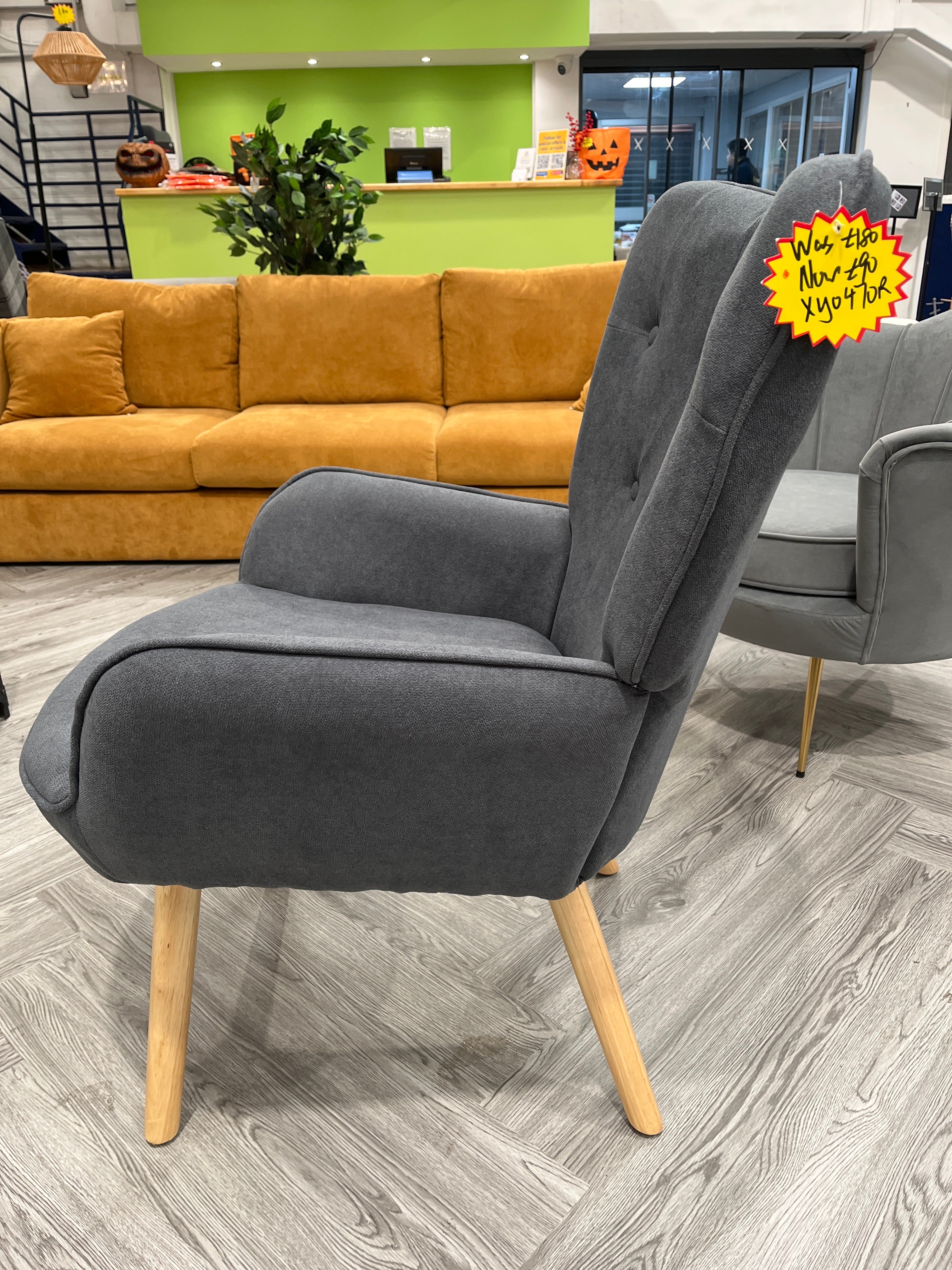 Grey Tufted Button Linen Armchair with Wooden Legs