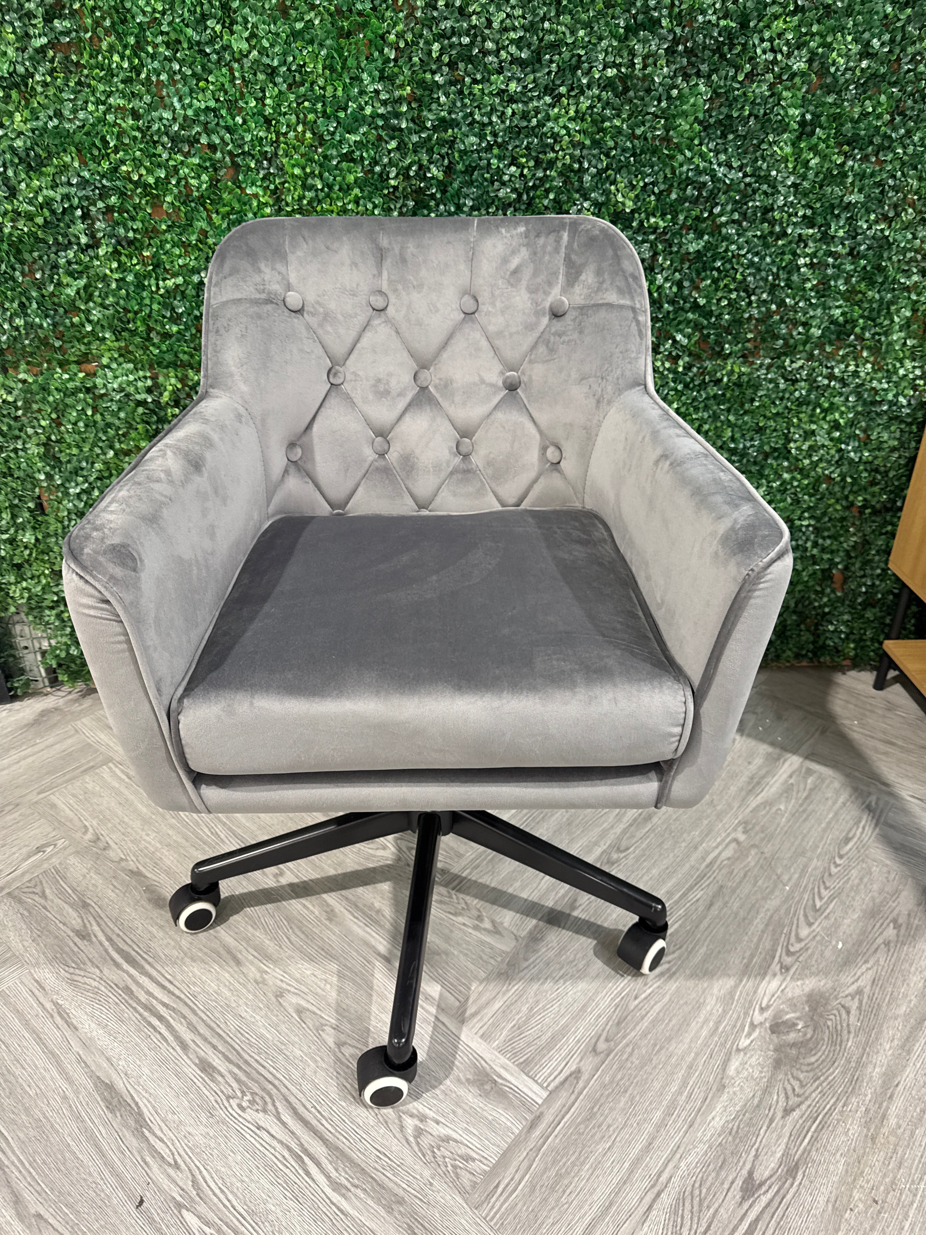 Grey Buttoned Swivel Office Chair with Armrest