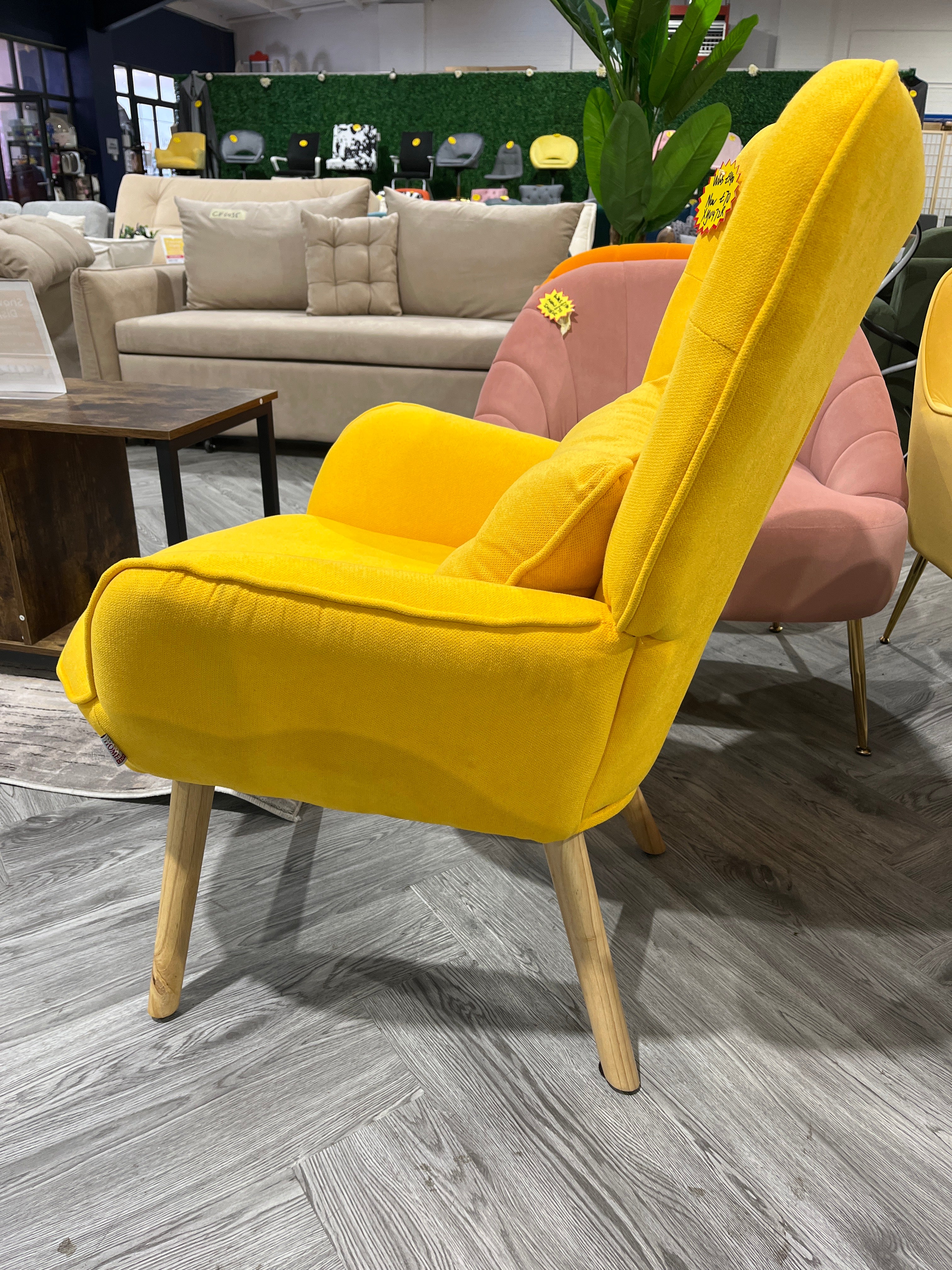 Yellow Tufted Button Linen Armchair with Wooden Legs