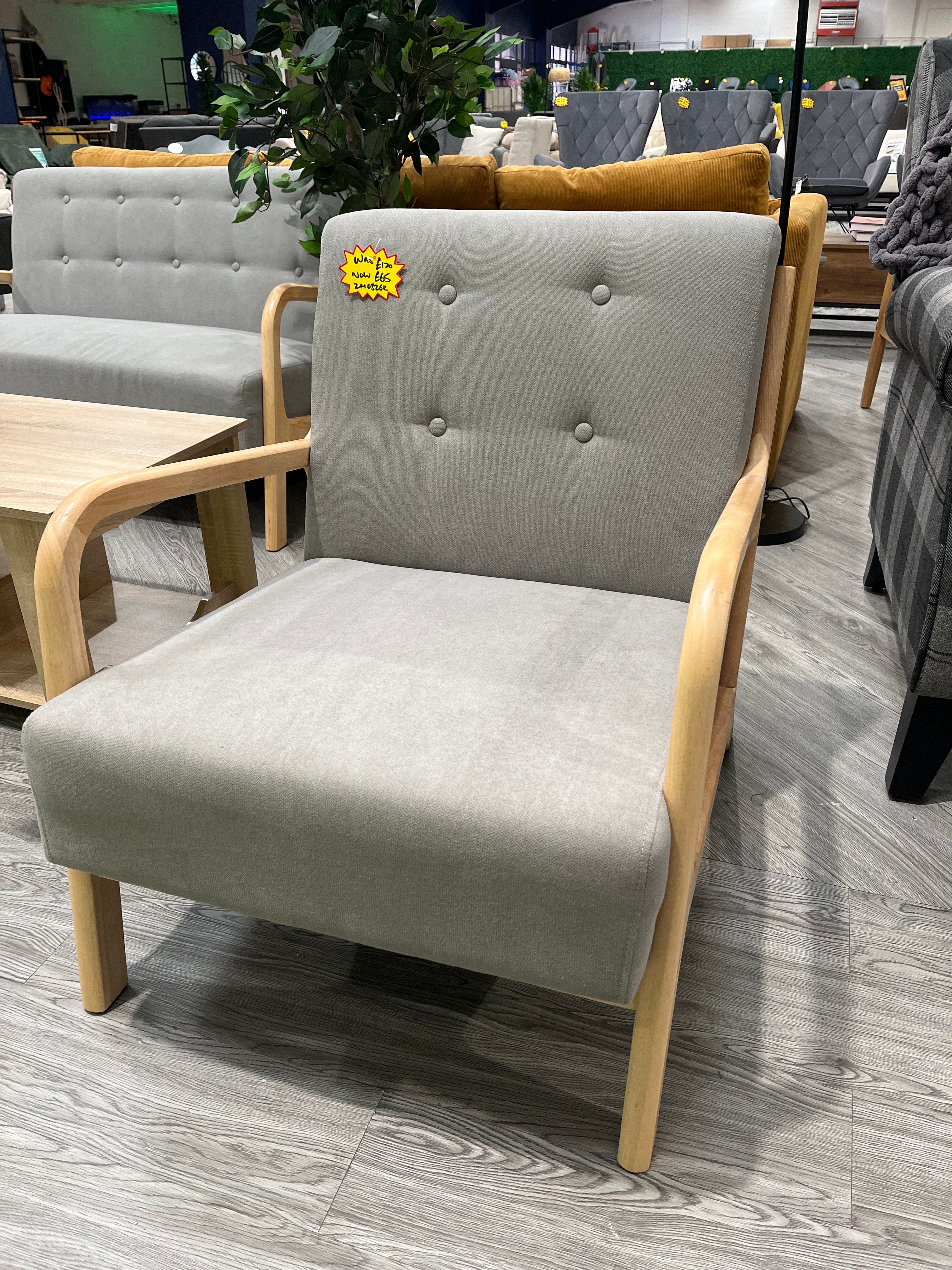 Grey Solid Wooden Frame Upholstered Tufted Armchair