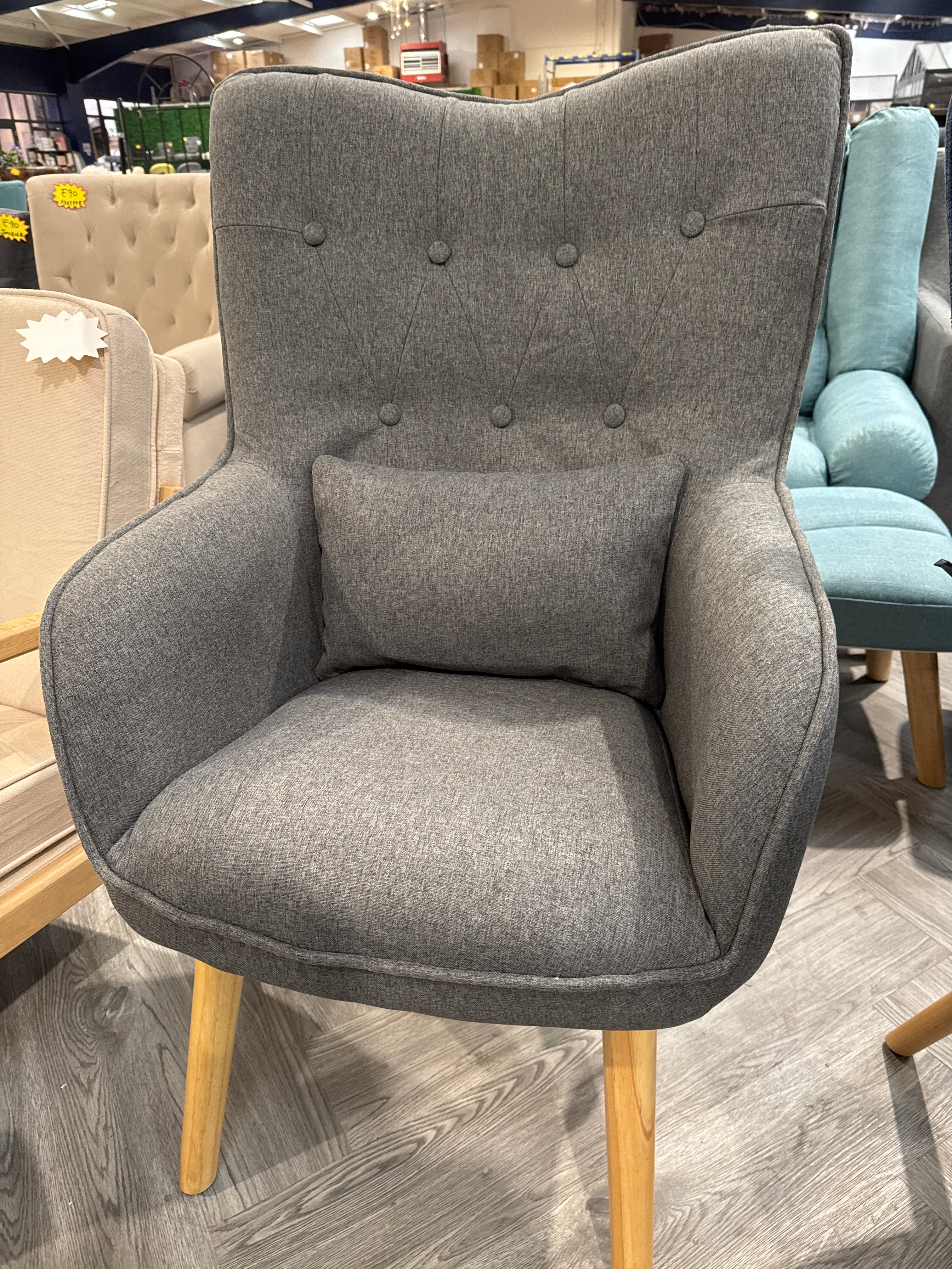 Classic Linen Tufted Dark Grey Armchair with Cushion and Footstool