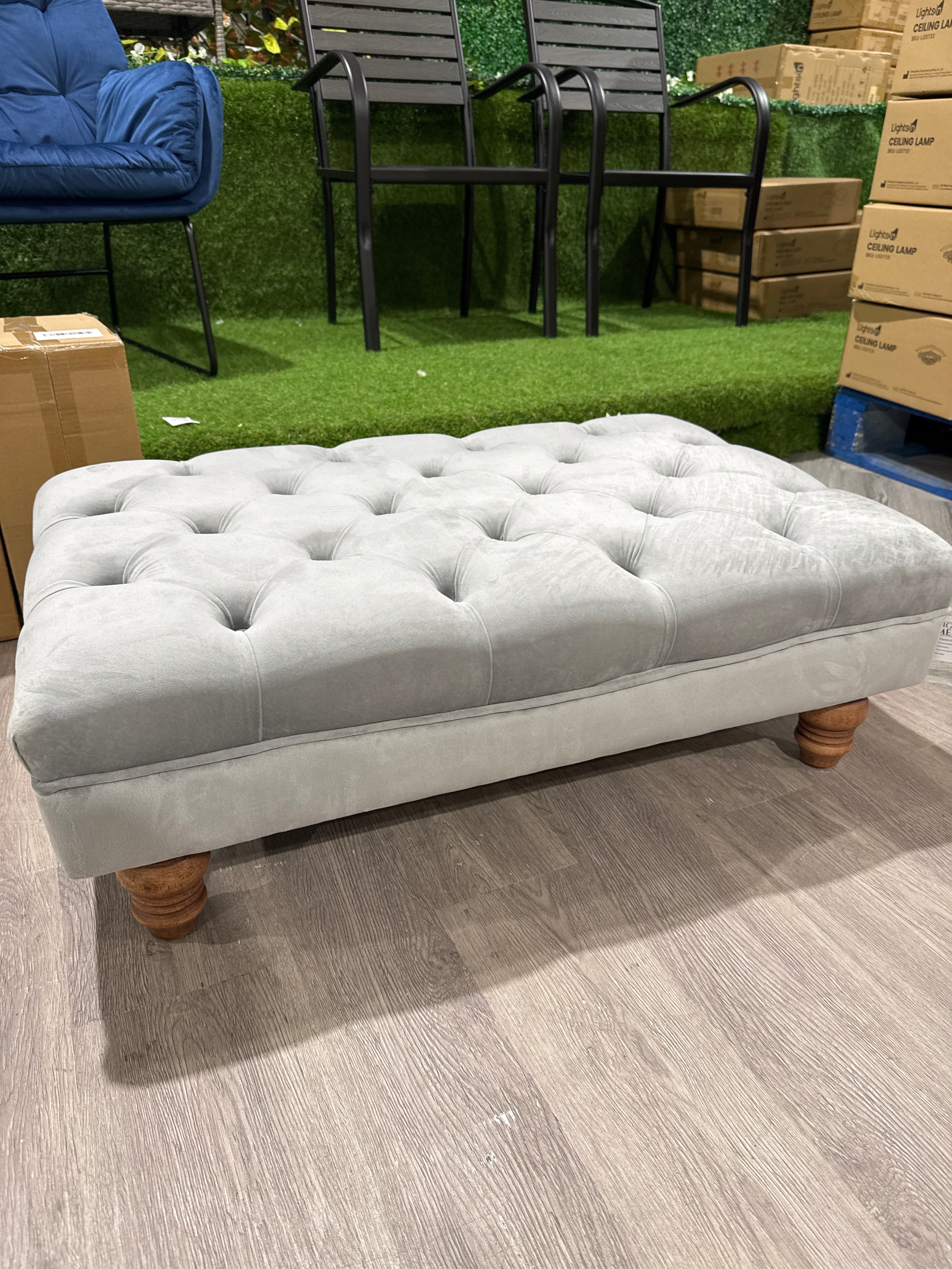 Grey Buttoned Velvet Rectangular Ottoman Footstool with Gourd Shaped Legs