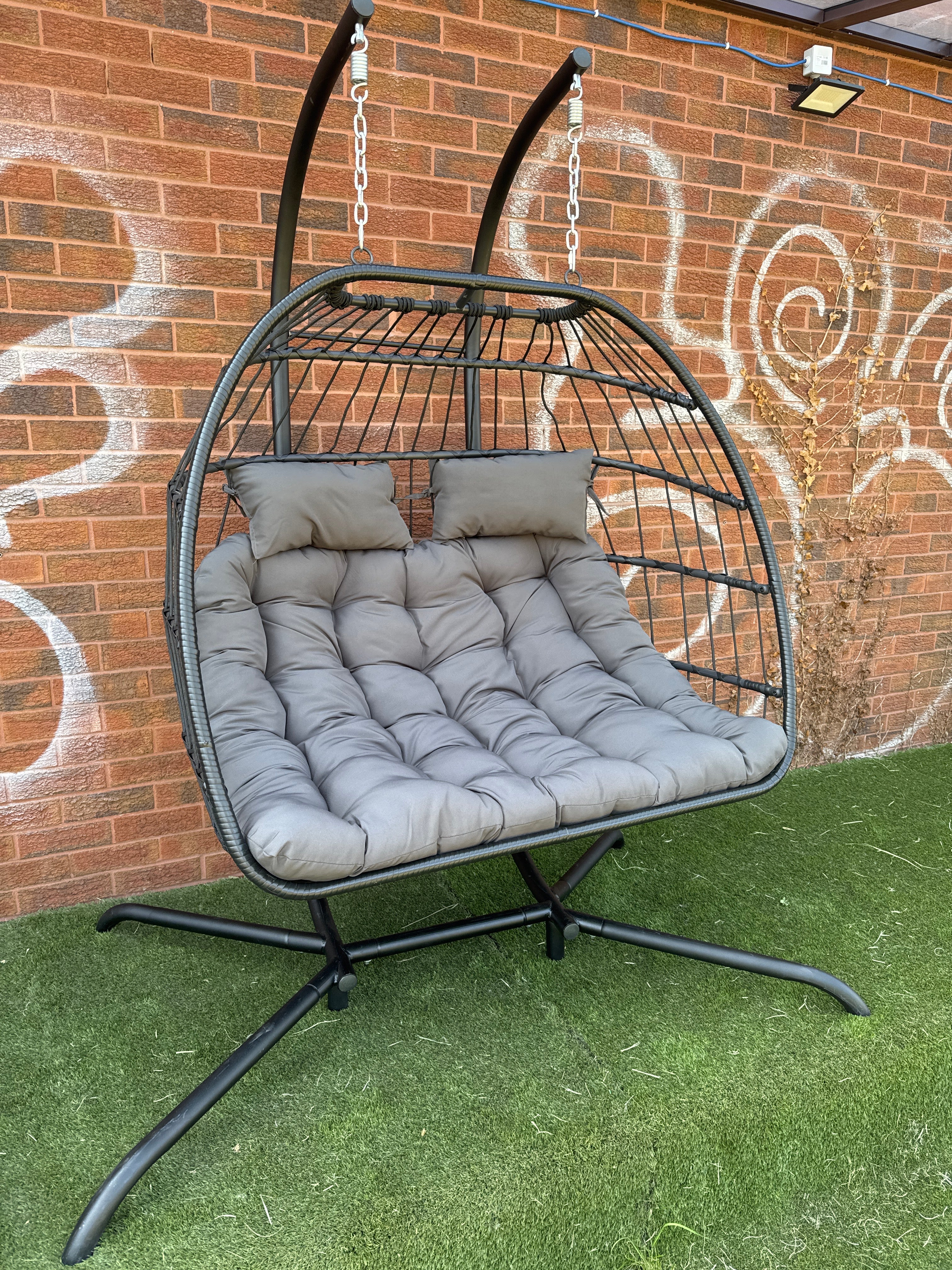 Outdoor Garden Hanging 2-Seater Egg Chair with Dark Grey Cushion