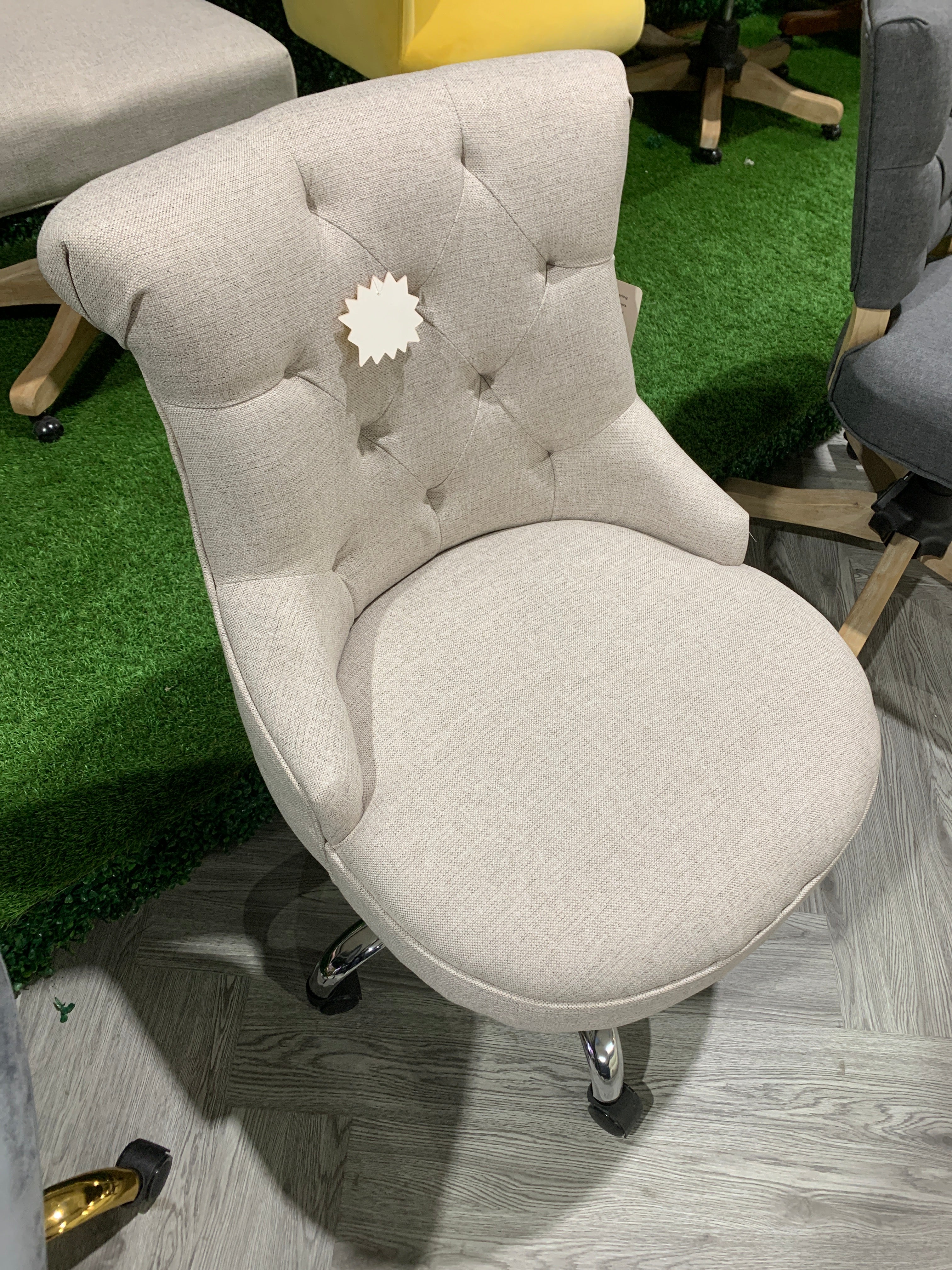 Beige Swivel Linen Round Seat Office Chair with Gas Lift Adjustment