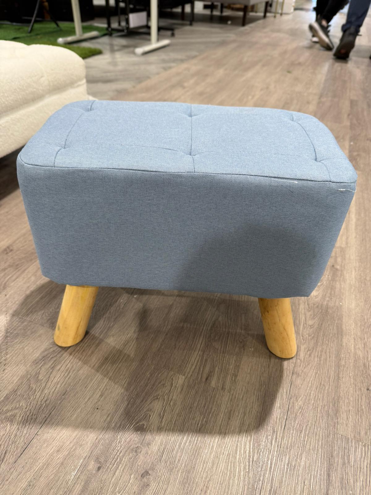 Linen Upholstered Ottoman Footstool with Pocket and Wooden Legs Blue