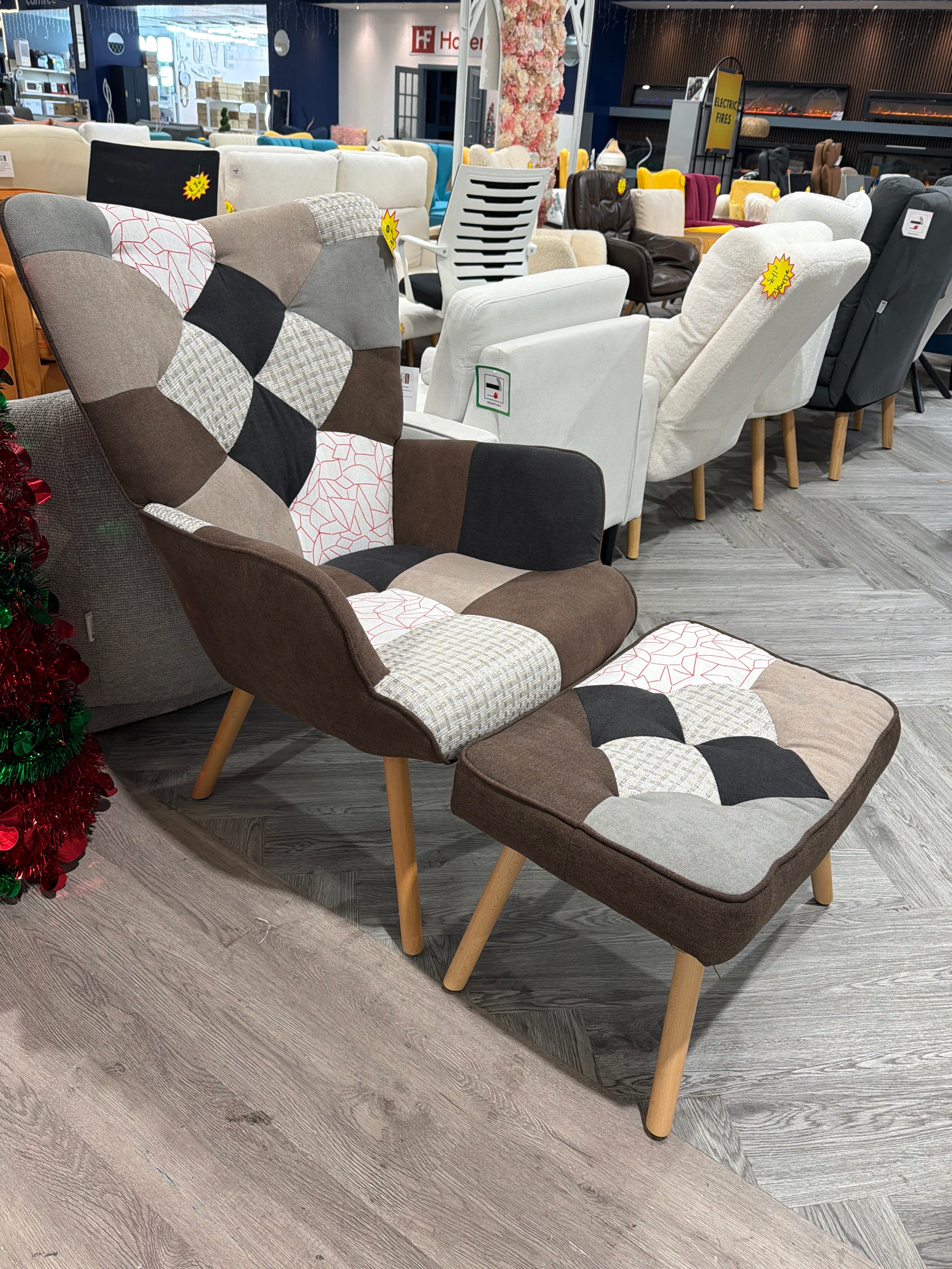 Colour Block Upholstered Wingback Patchwork Armchair with Footstool Brown