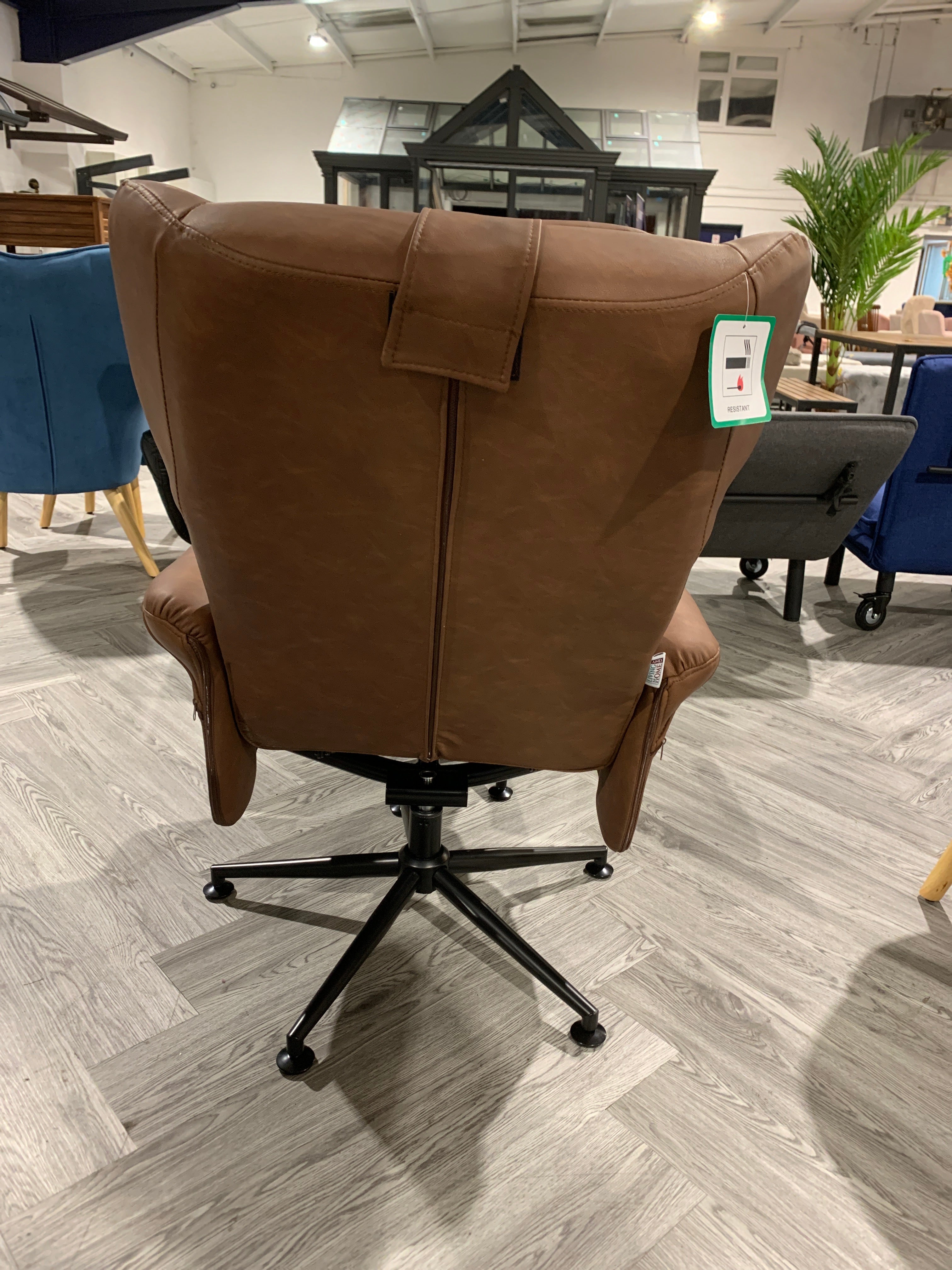 Brown Faux Leather Swivel Armchair with Footstool