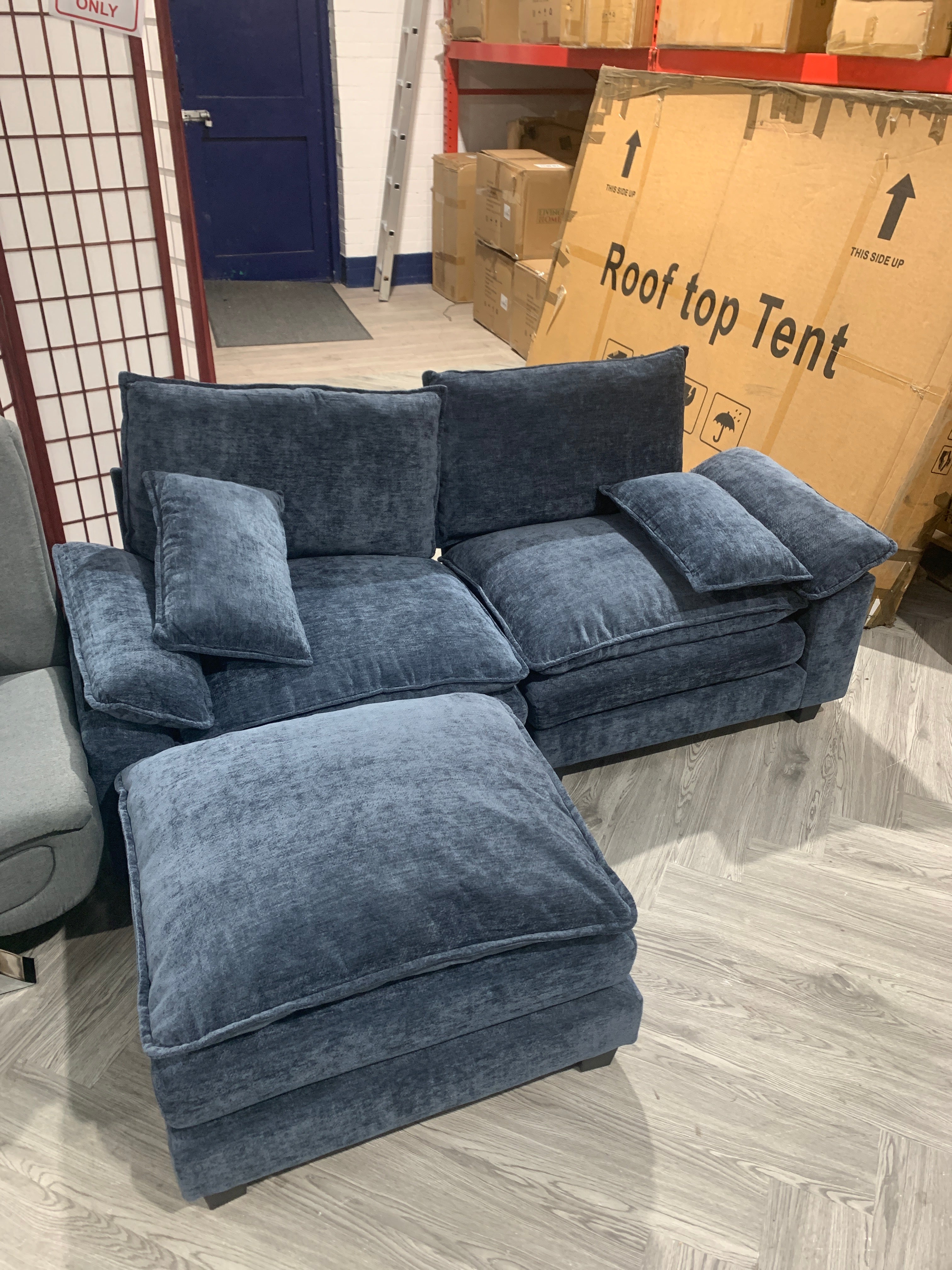 Chenille Upholstered Sectional Sofa with Ottoman and Lumbar Pillows Dark Blue