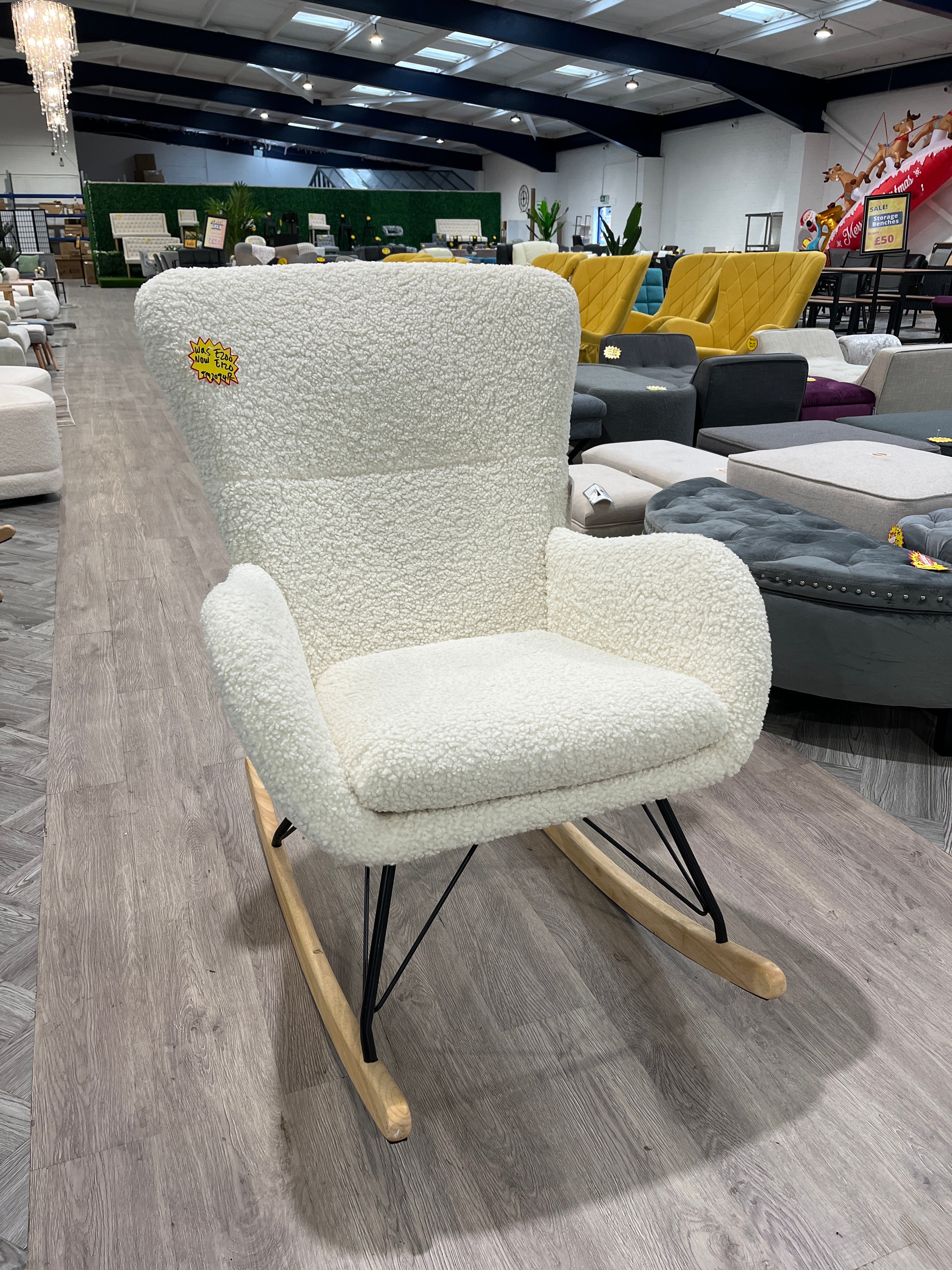 Cream Faux Wool Rocking Chair with Removable Cushion