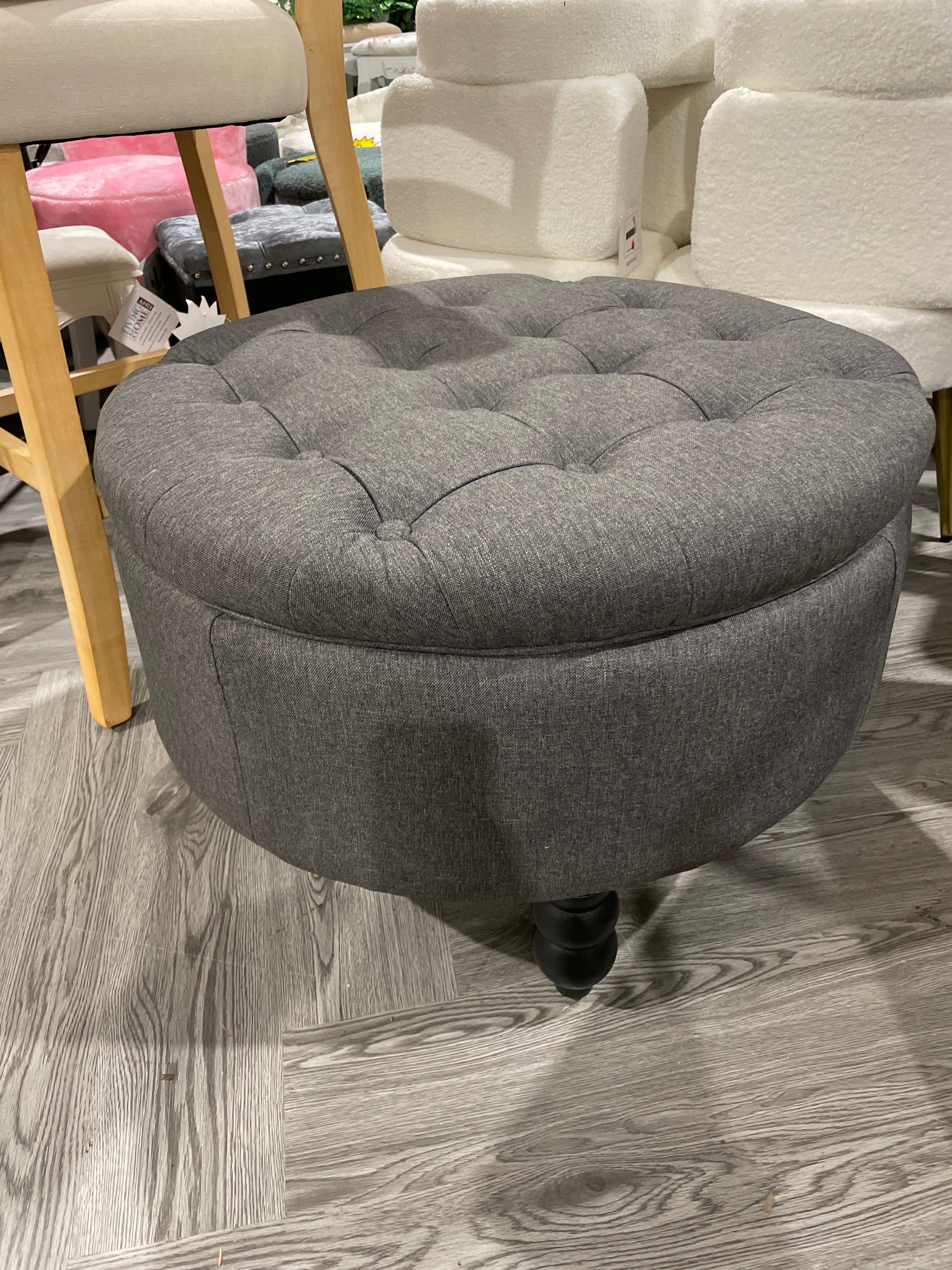 Grey Fabric Round Button Tufted Storage Ottoman