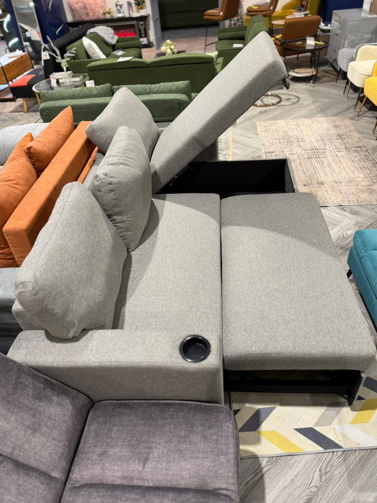 L Shape 3 Seater Linen Storage Sofa Bed Grey
