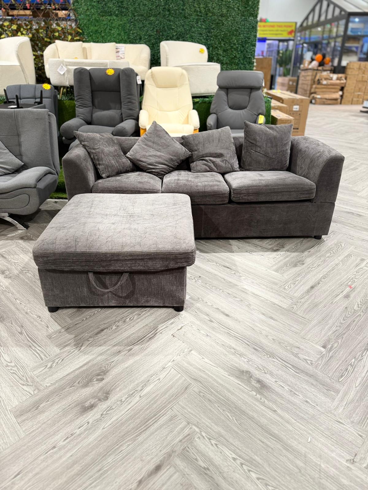 Chenille Upholstered 3 Seater Sectional Sofa with Storage Ottoman and 6 Pillows Black