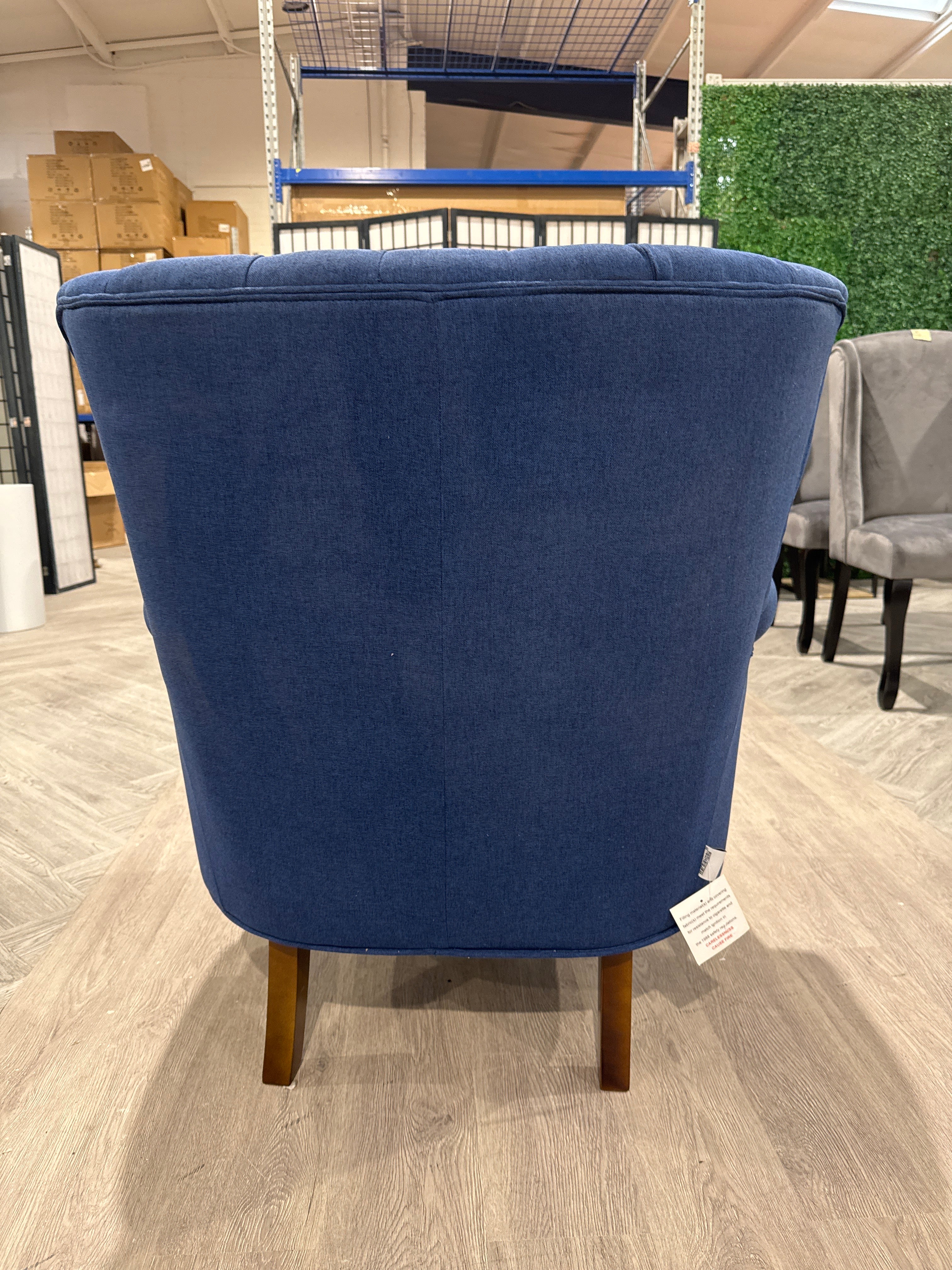 Dark Blue Vintage Linen Upholstered Wing Back Armchair