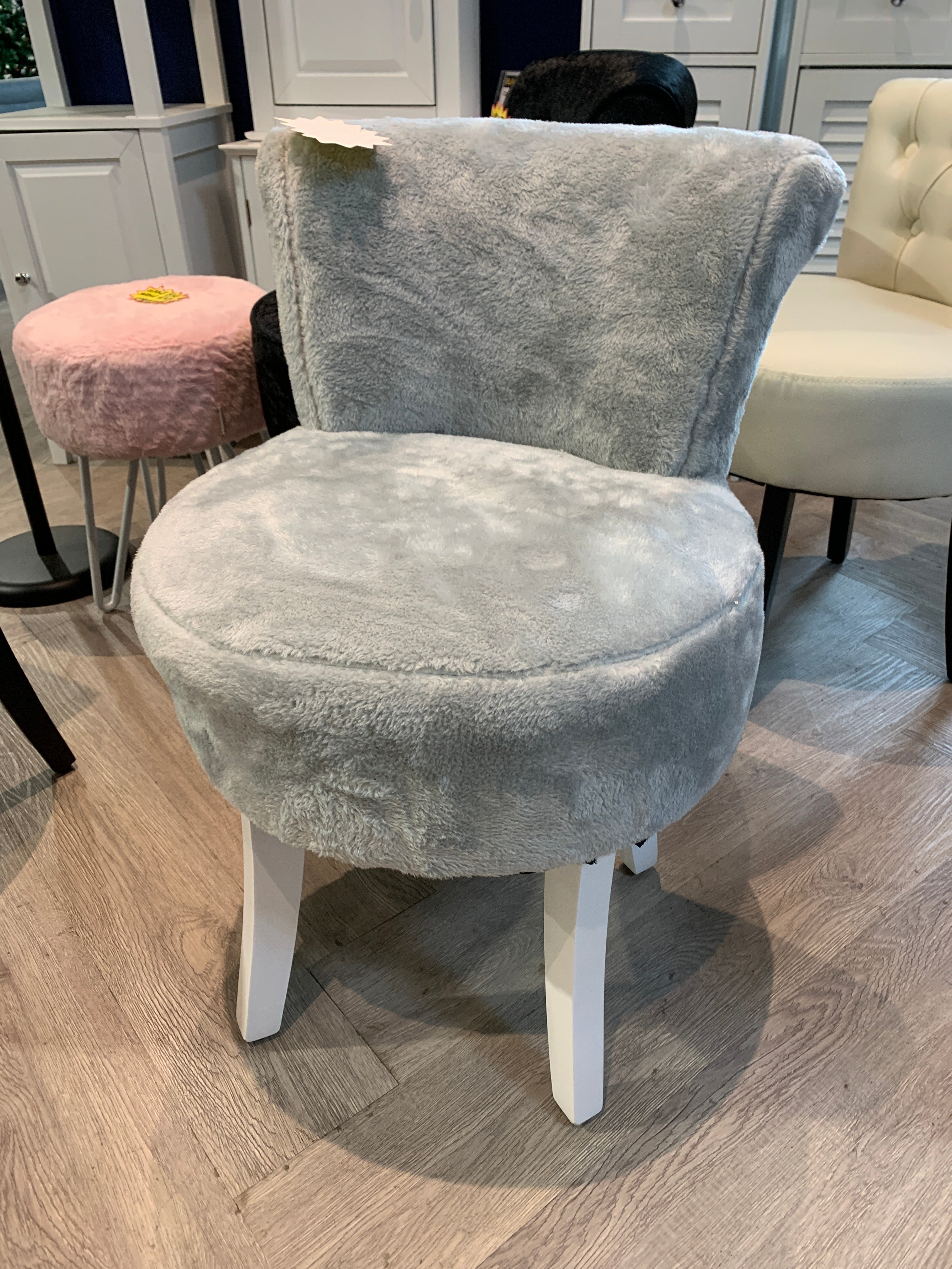 Modern Grey Plush Upholstered Dressing Table Chair with White Legs