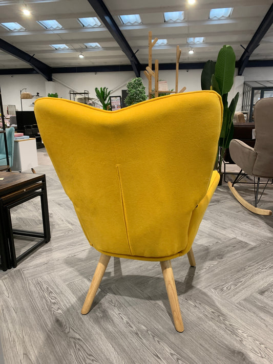 Yellow Buttoned Linen Armchair with Wooden Legs