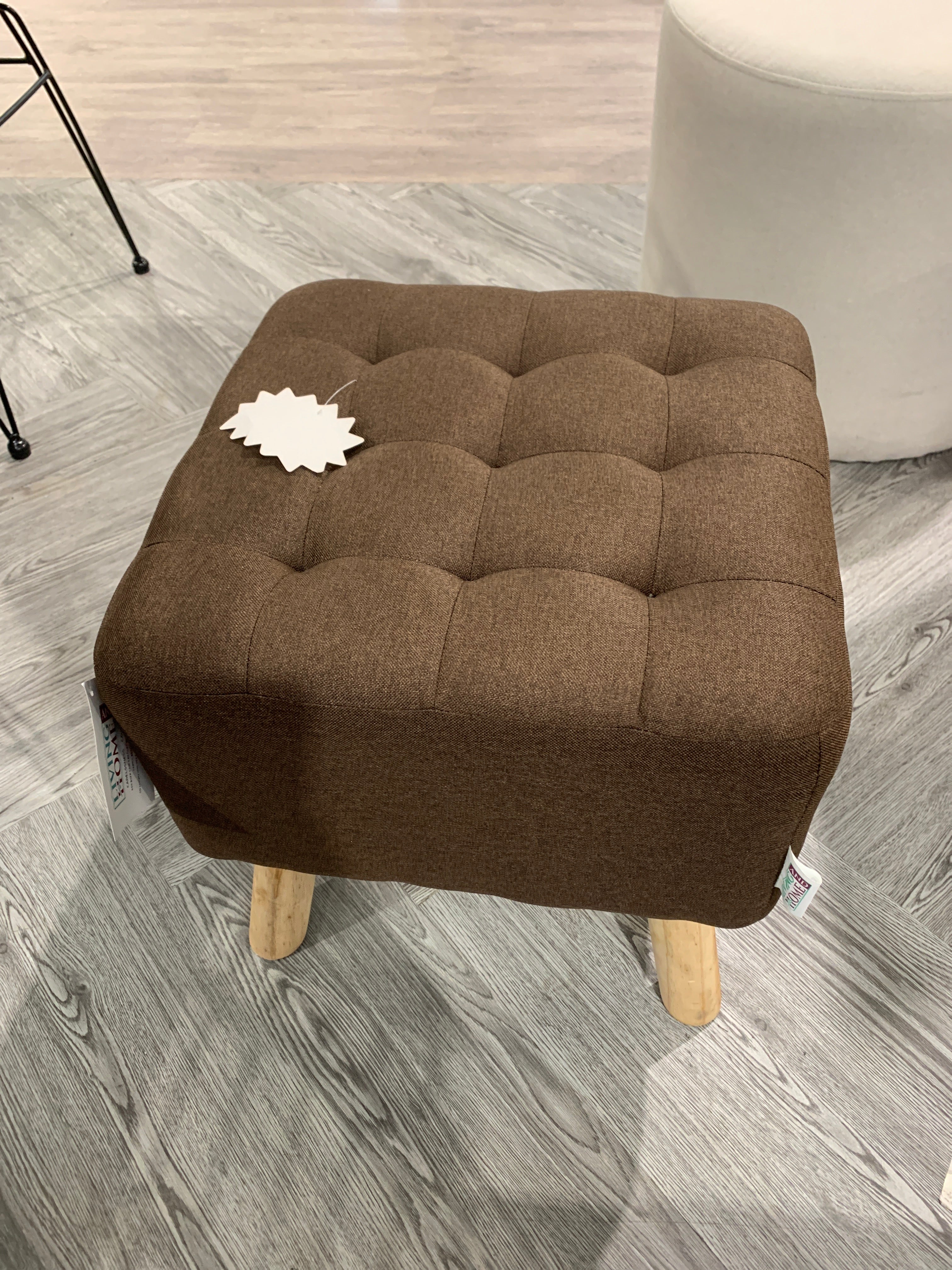 Linen Fabric Padded Wooden Leg Footstool Brown