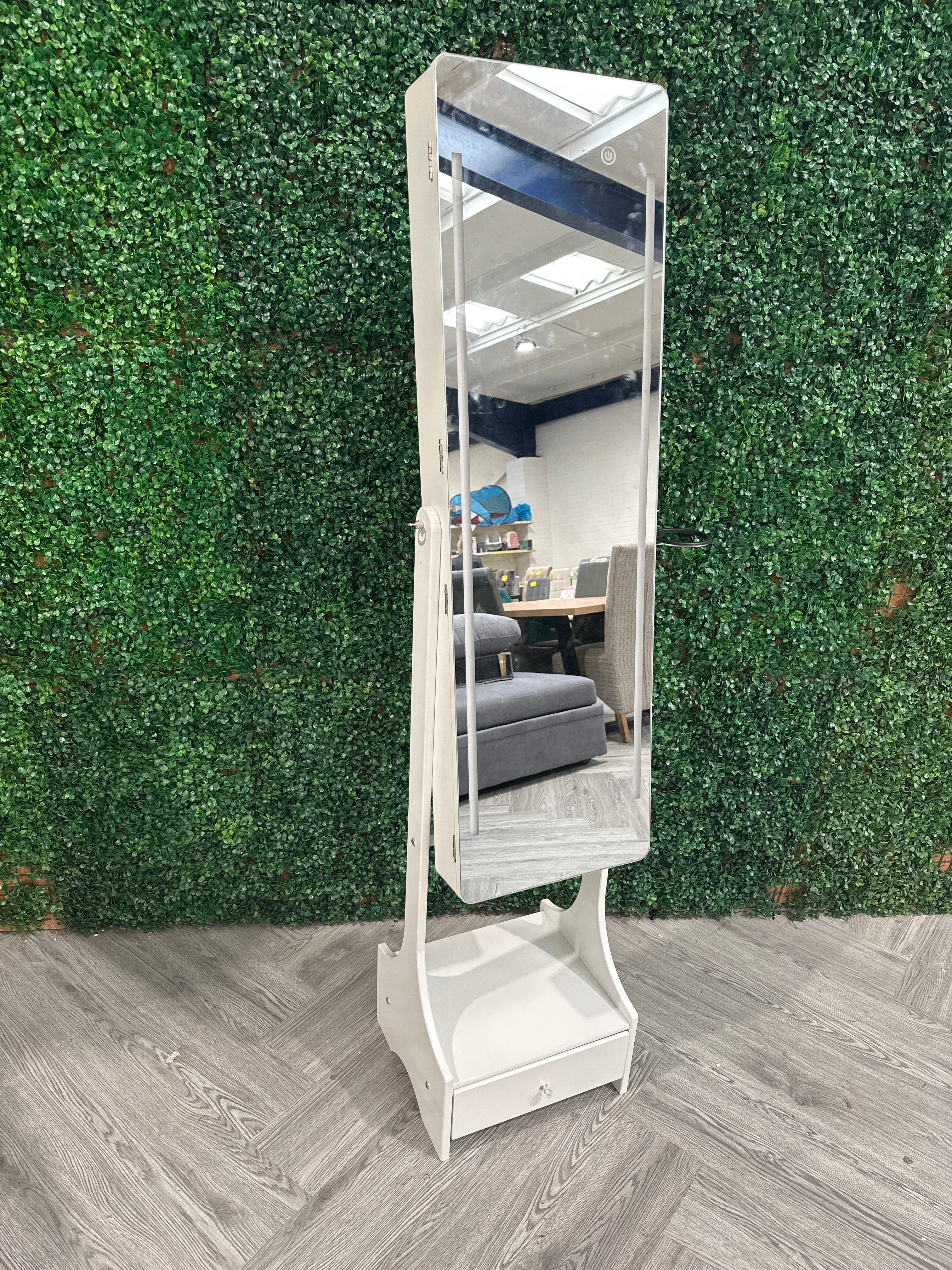 White LED-Lit Full Mirror Jewellery Cabinet with Drawer and Hairdryer Holder