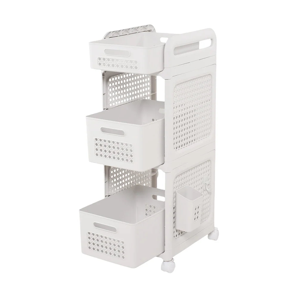 New 3 Tier Plastic Storage Cart with Pull Out Baskets and Wheels White