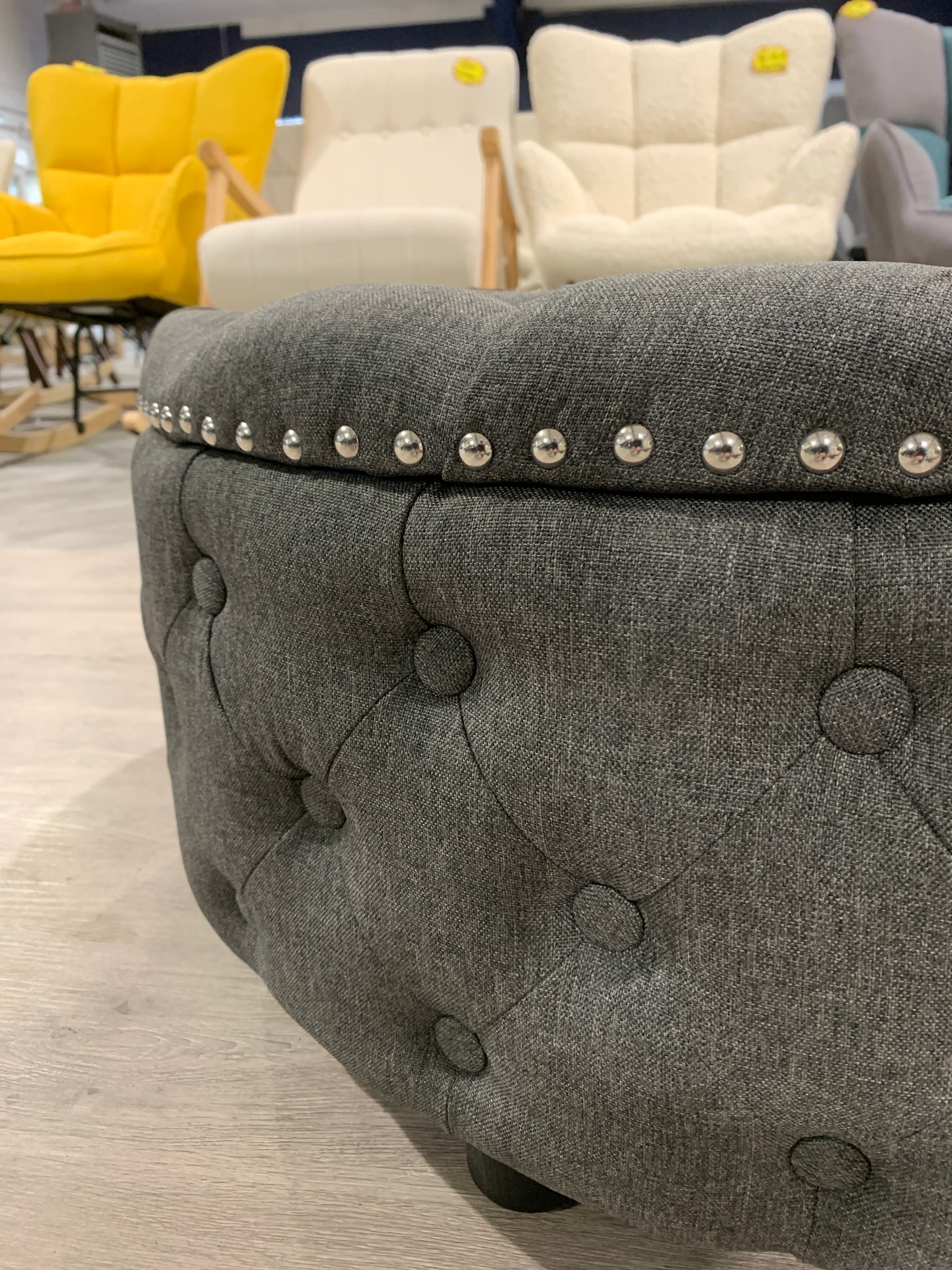 Dark Grey Round Linen Deep Buttoned Ottoman with Studded Edge