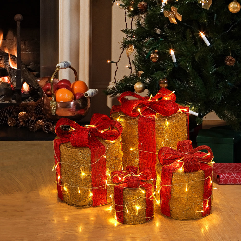 Christmas Gift Box Decorations with LED String Lights 4Pcs