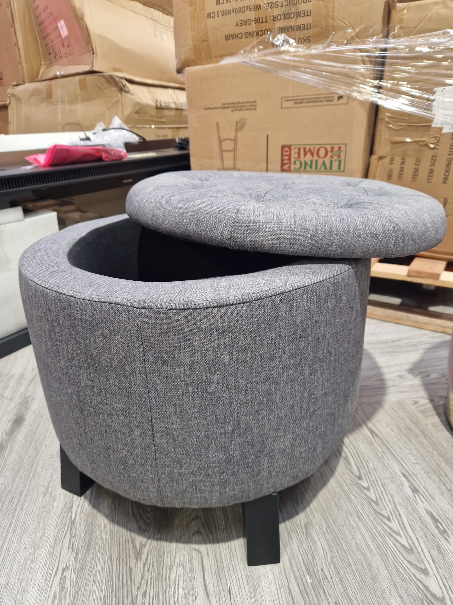 Round Buttoned Ottoman with Storage Grey