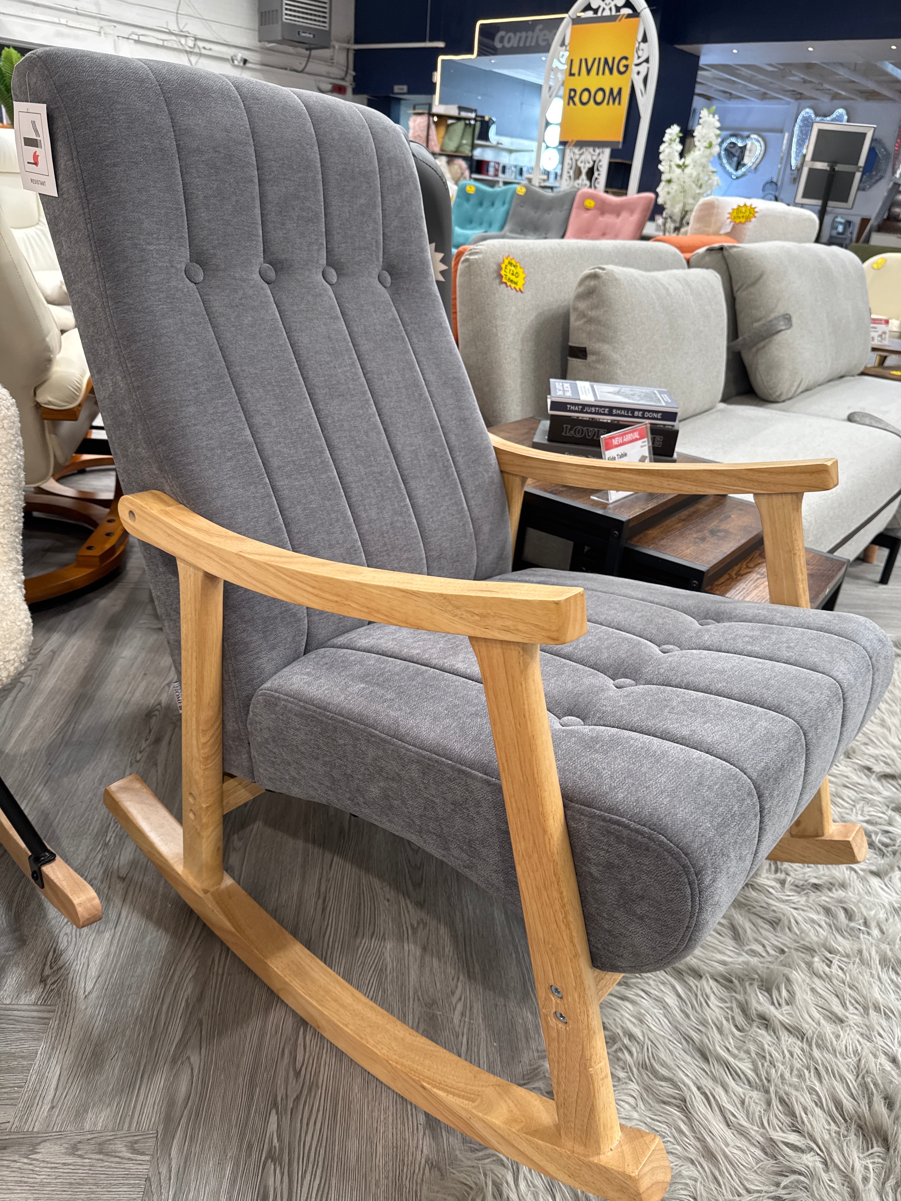 Dark Grey Velvet Upholstered Tufting  Wooden Arms Rocking Chair