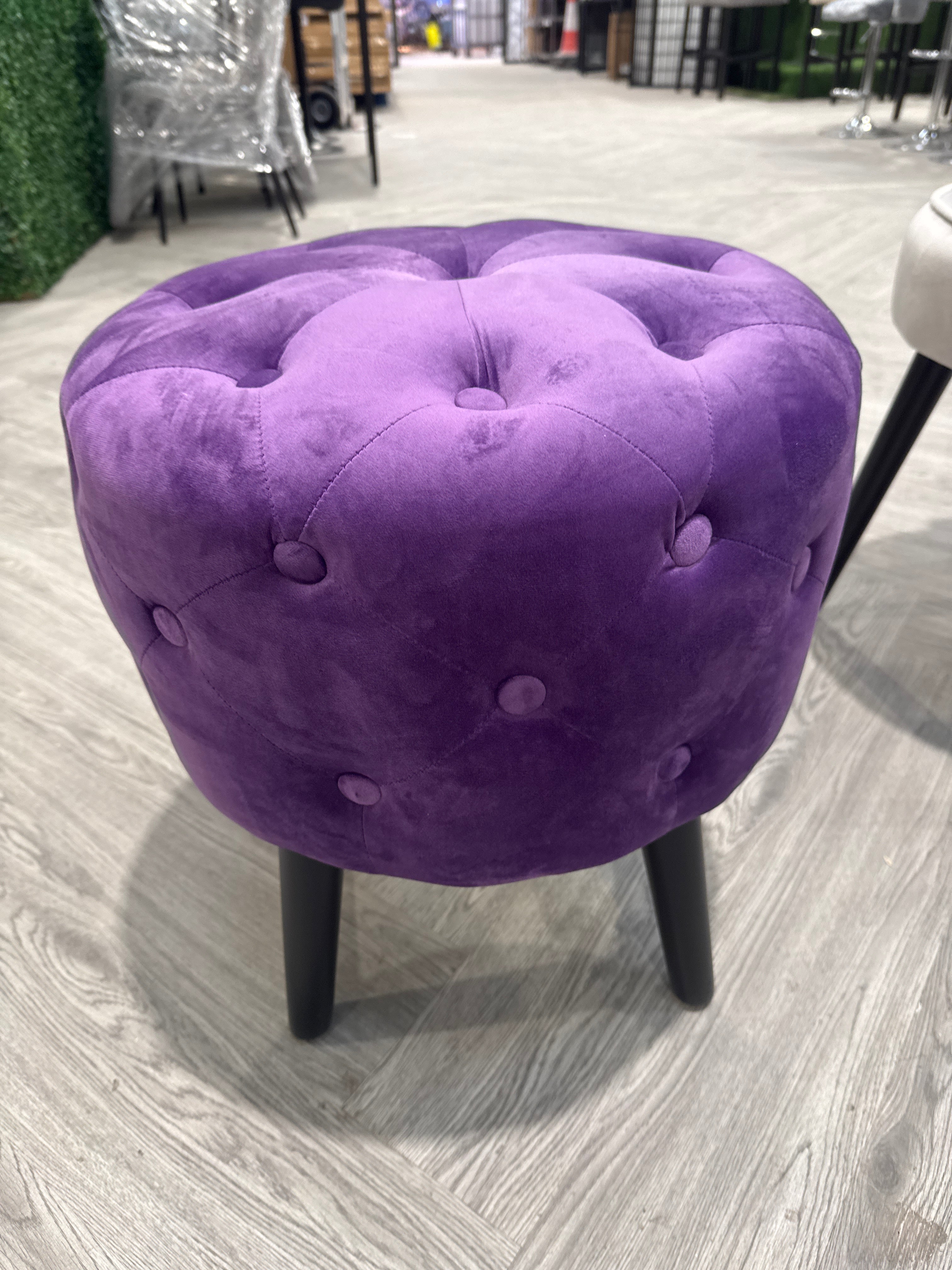 Purple Velvet Tufted Footstool with Black Legs