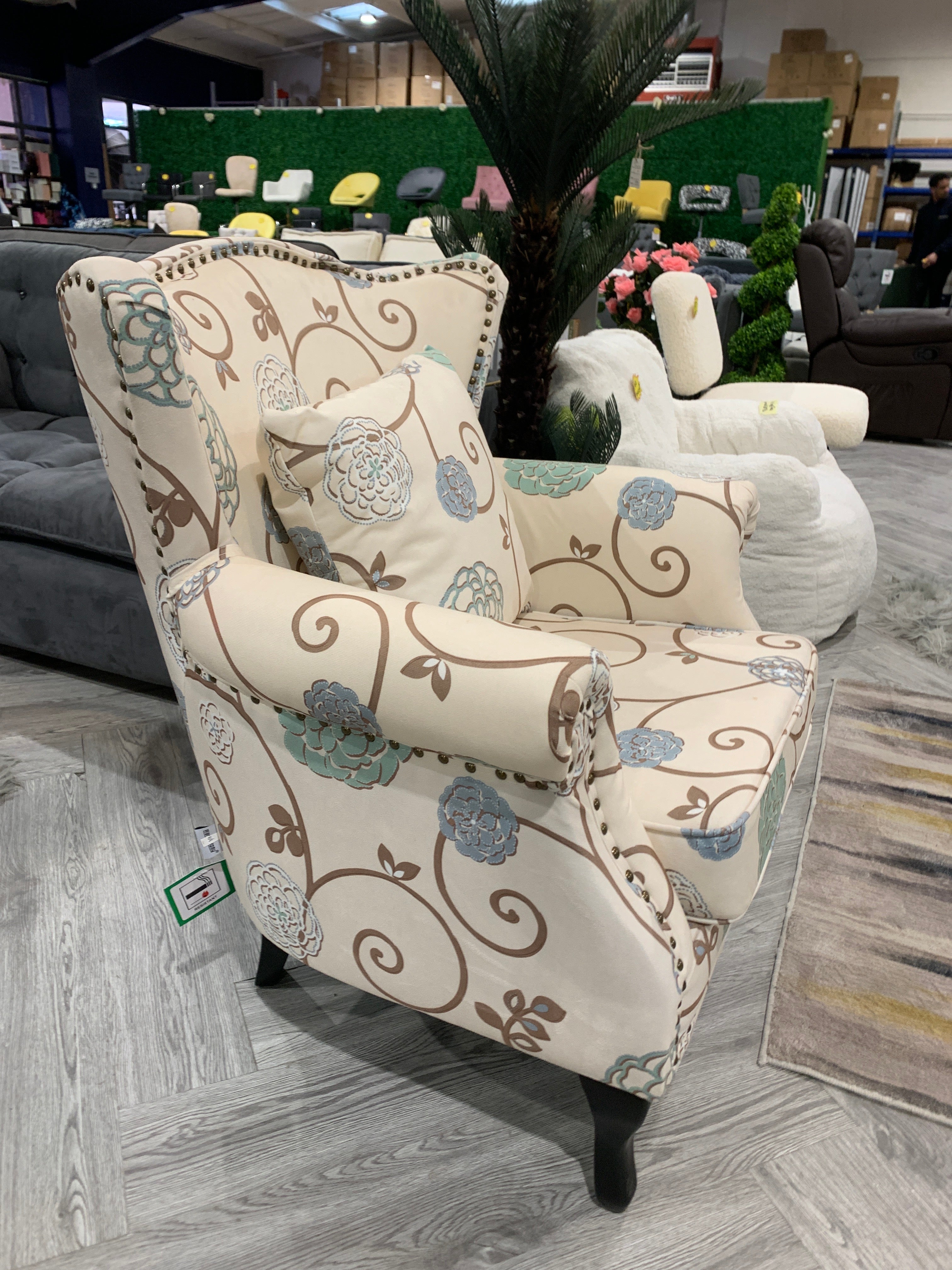 Upholstered Nail Head Modern Buttoned Armchair with Lumbar Pillow and Cushion Floral Pattern