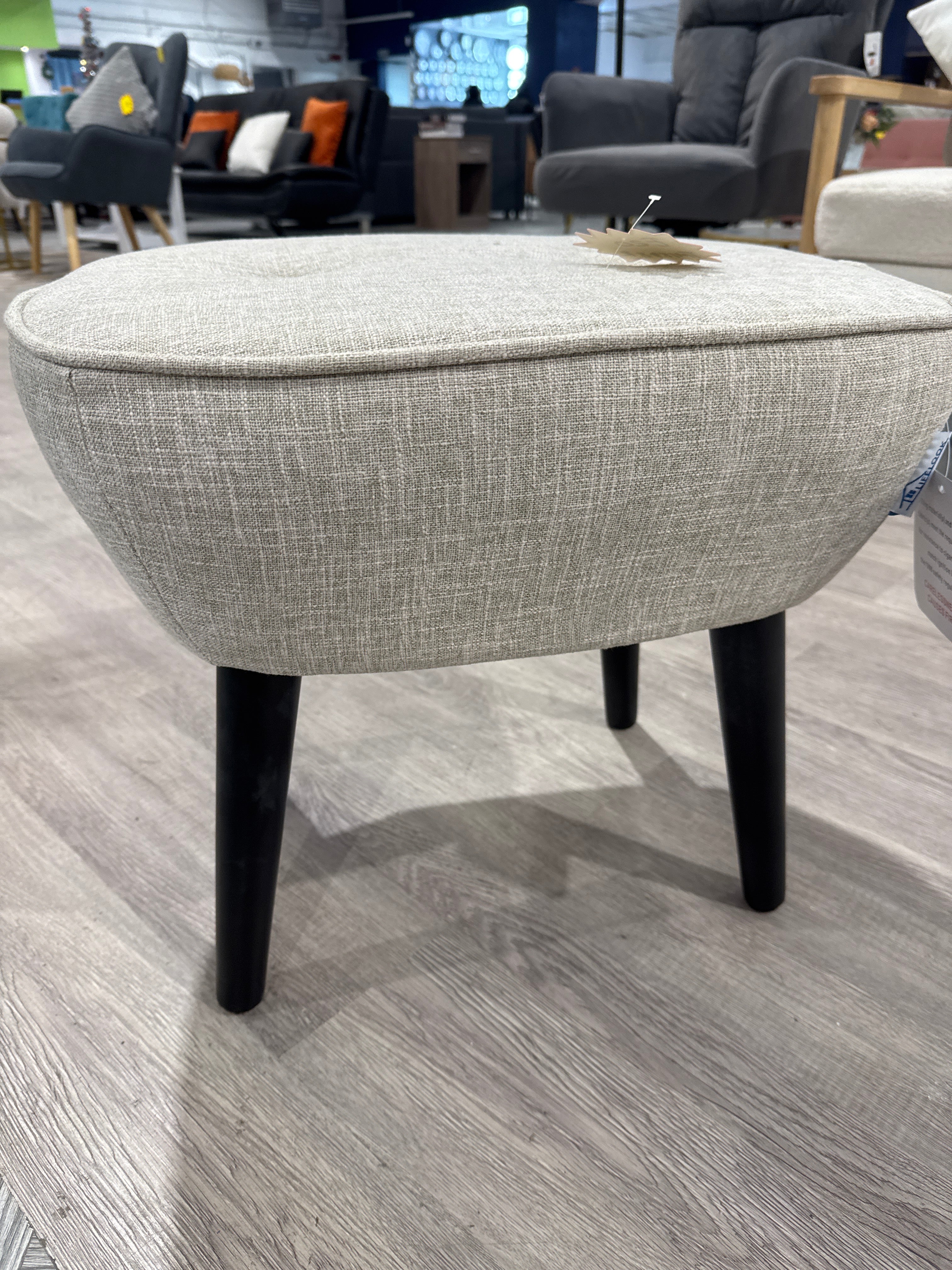 Beige Linen Footstool with Black Legs