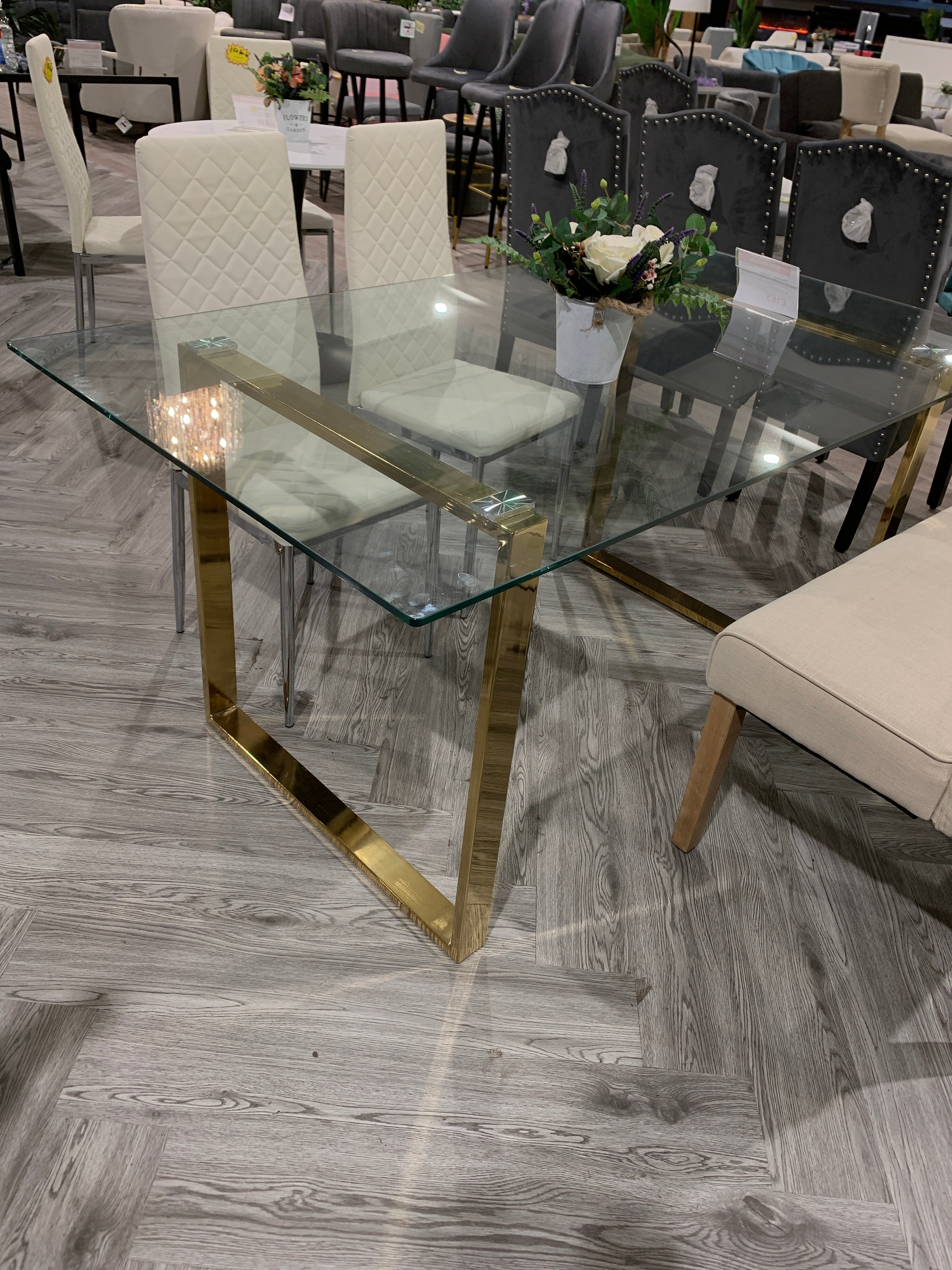 Rectangle Tempered Glass Top Dining Table with Metal Legs in Wooden Colour Coating