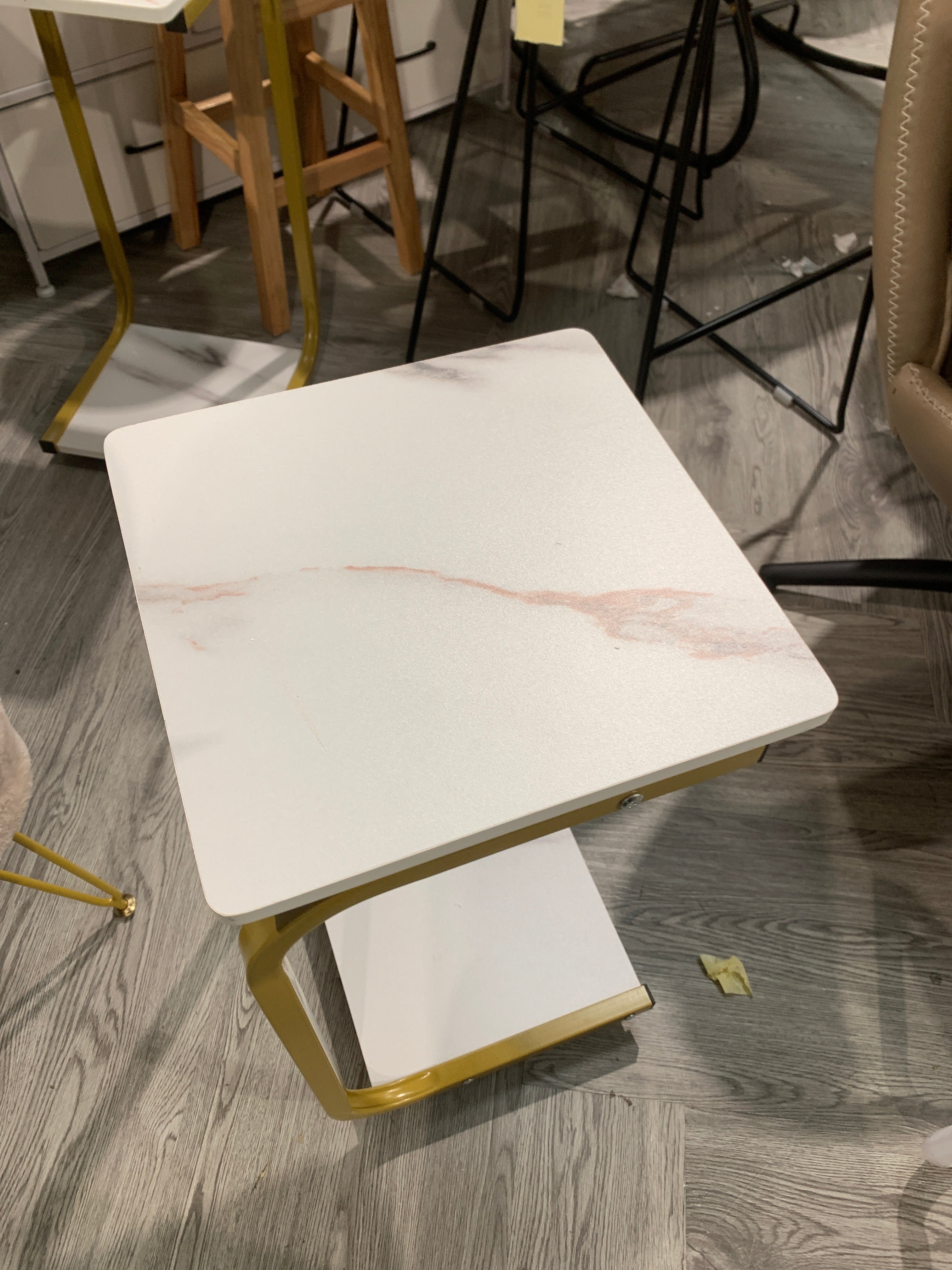 C Shaped Side Table with Marble Effect Top and Wheels White