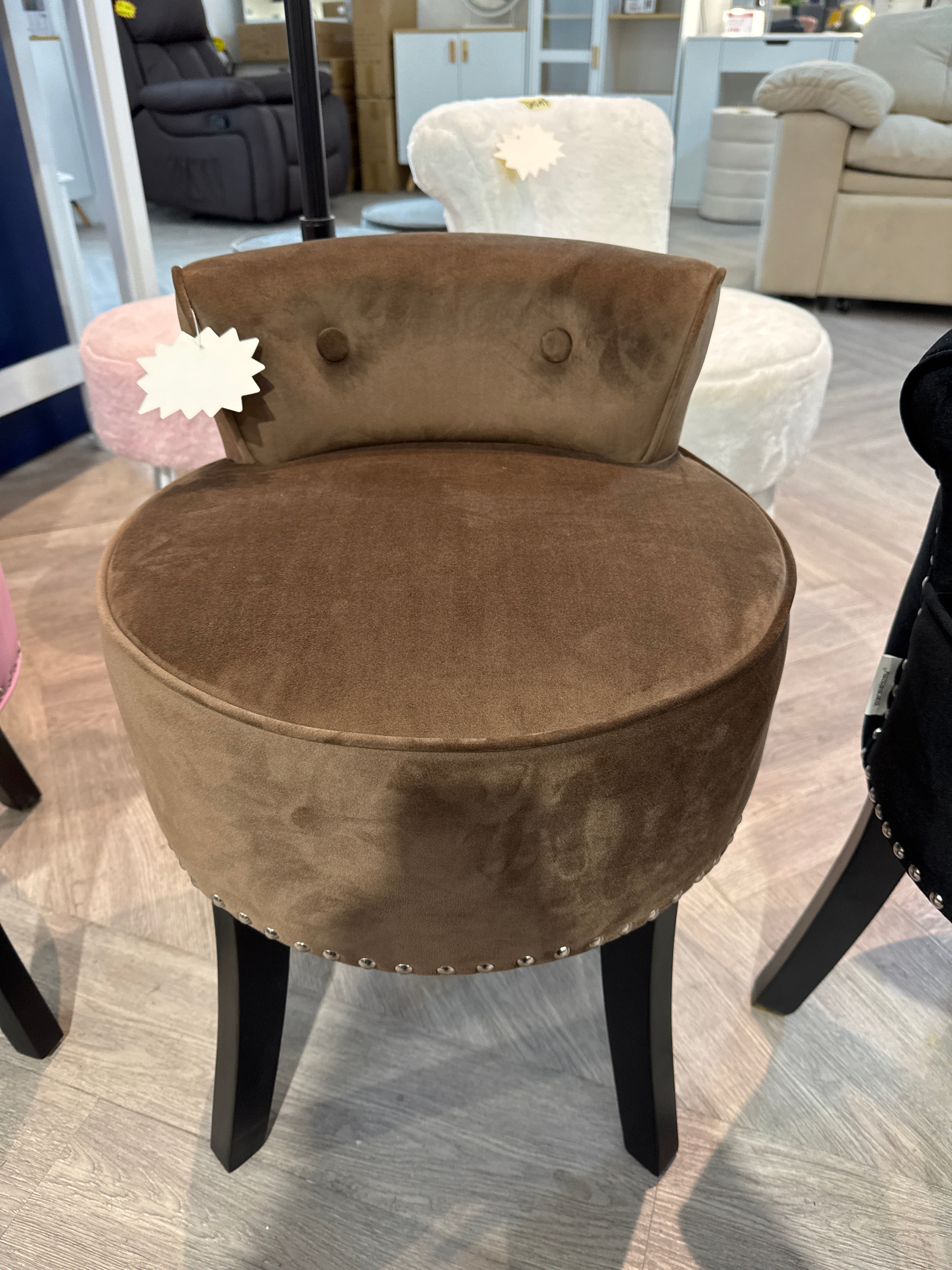 Brown Velvet Nailhead Dressing Table Stool