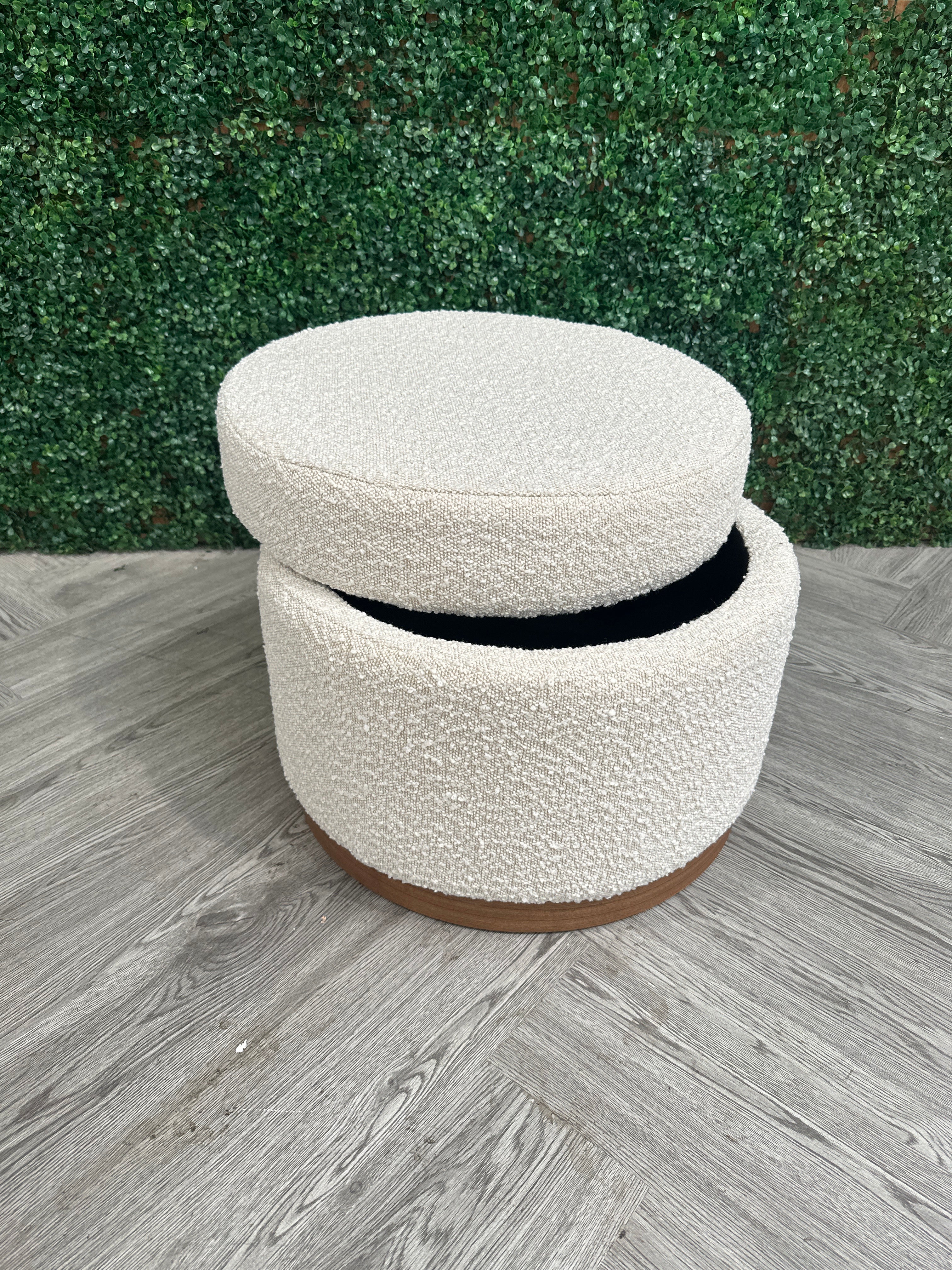 Round Beige Ottoman Storage Stool Seat with Wooden Base