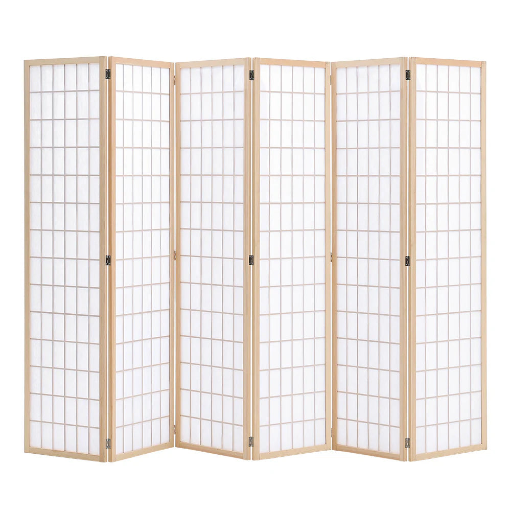 6-Panel Solid Wood Folding Room Divider Screen Natural