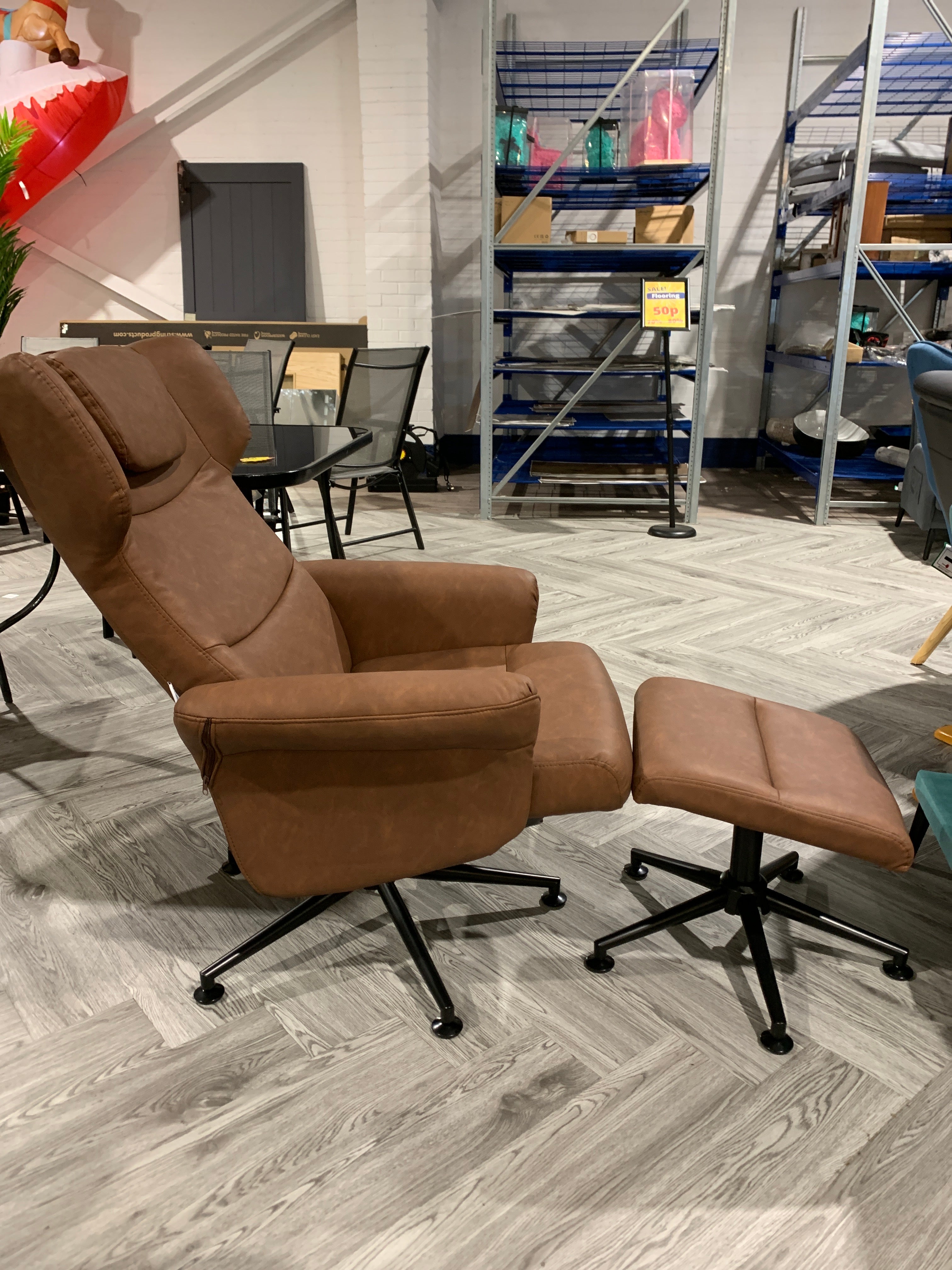 Brown Faux Leather Swivel Armchair with Footstool