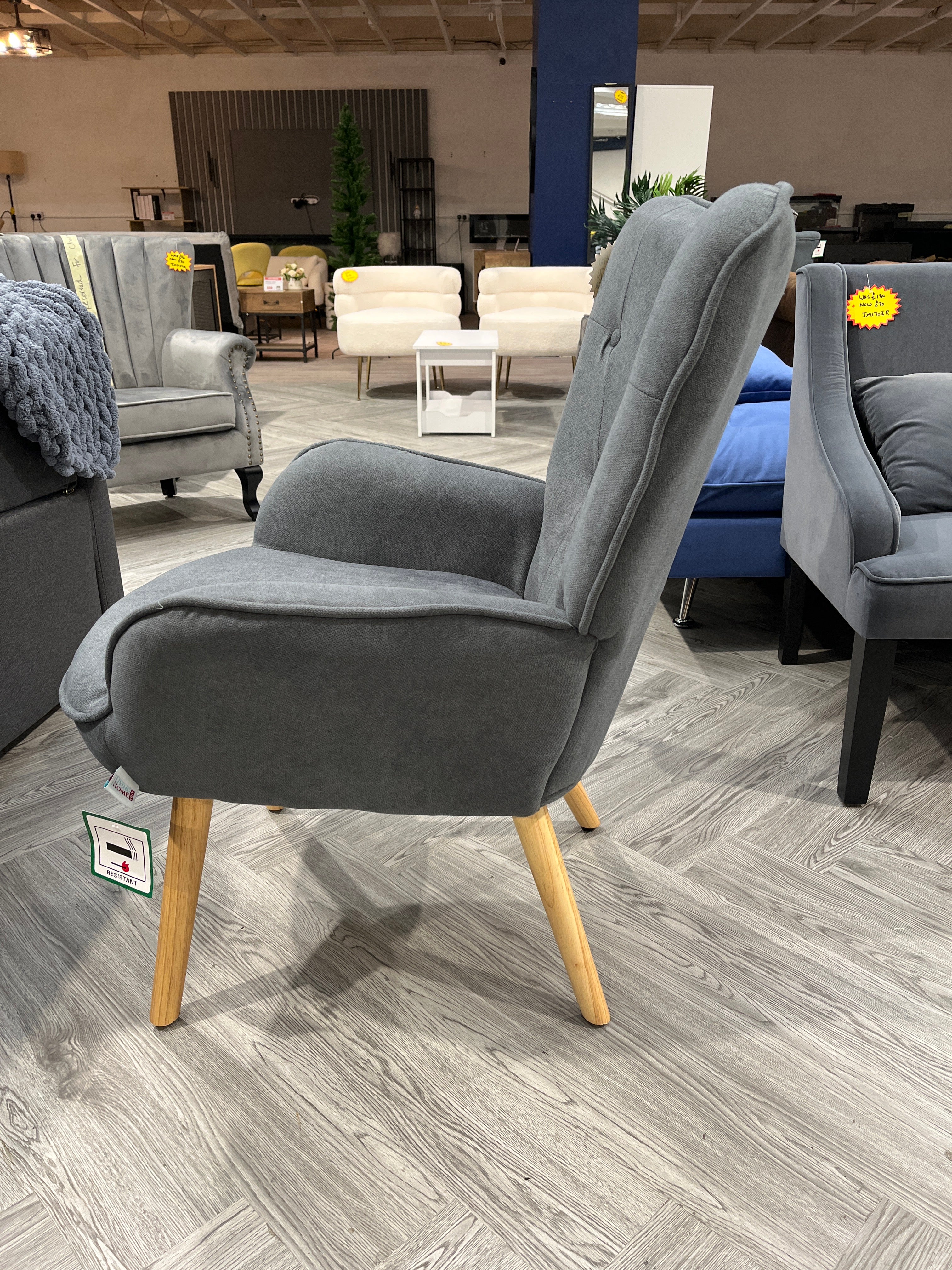 Grey Buttoned Linen Armchair with Wooden Legs