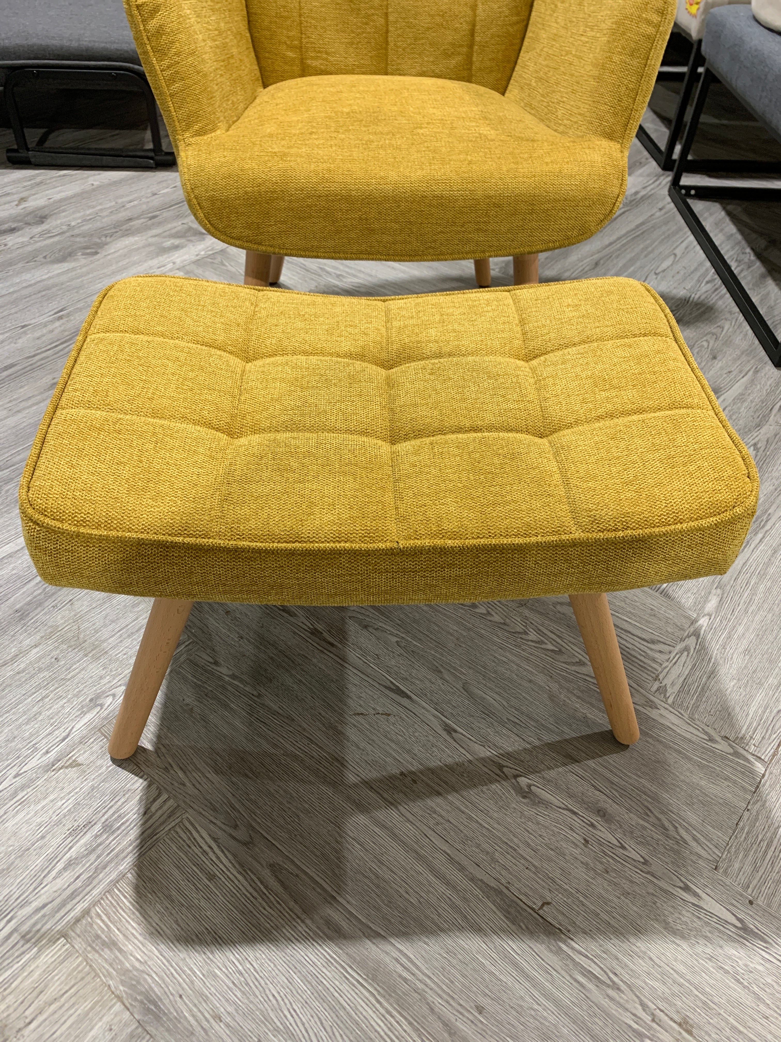 Tufted Armchair with Footstool Linen Yellow