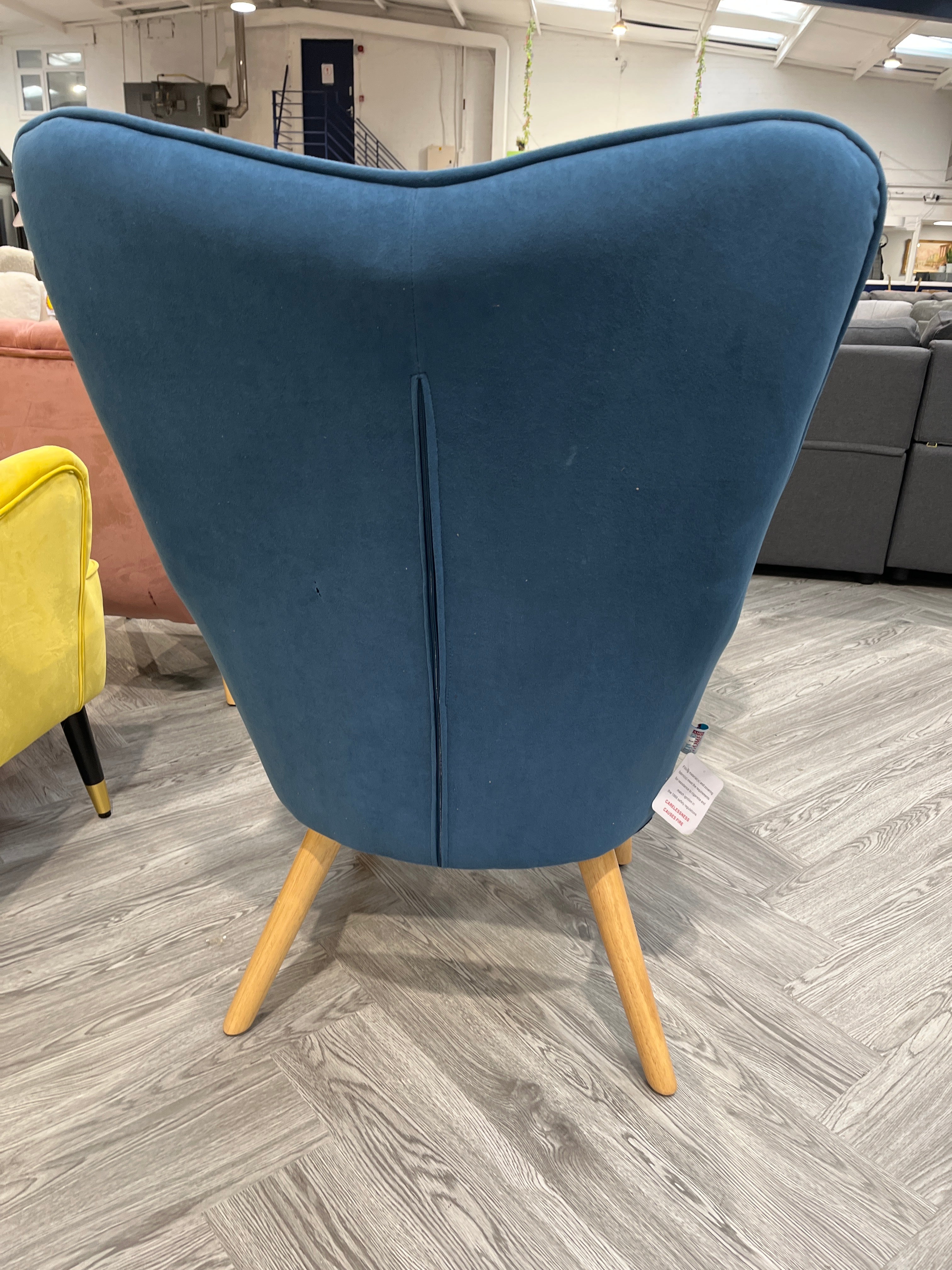 Blue Frosted Velvet Upholstered Armchair with Footstool and Cushion