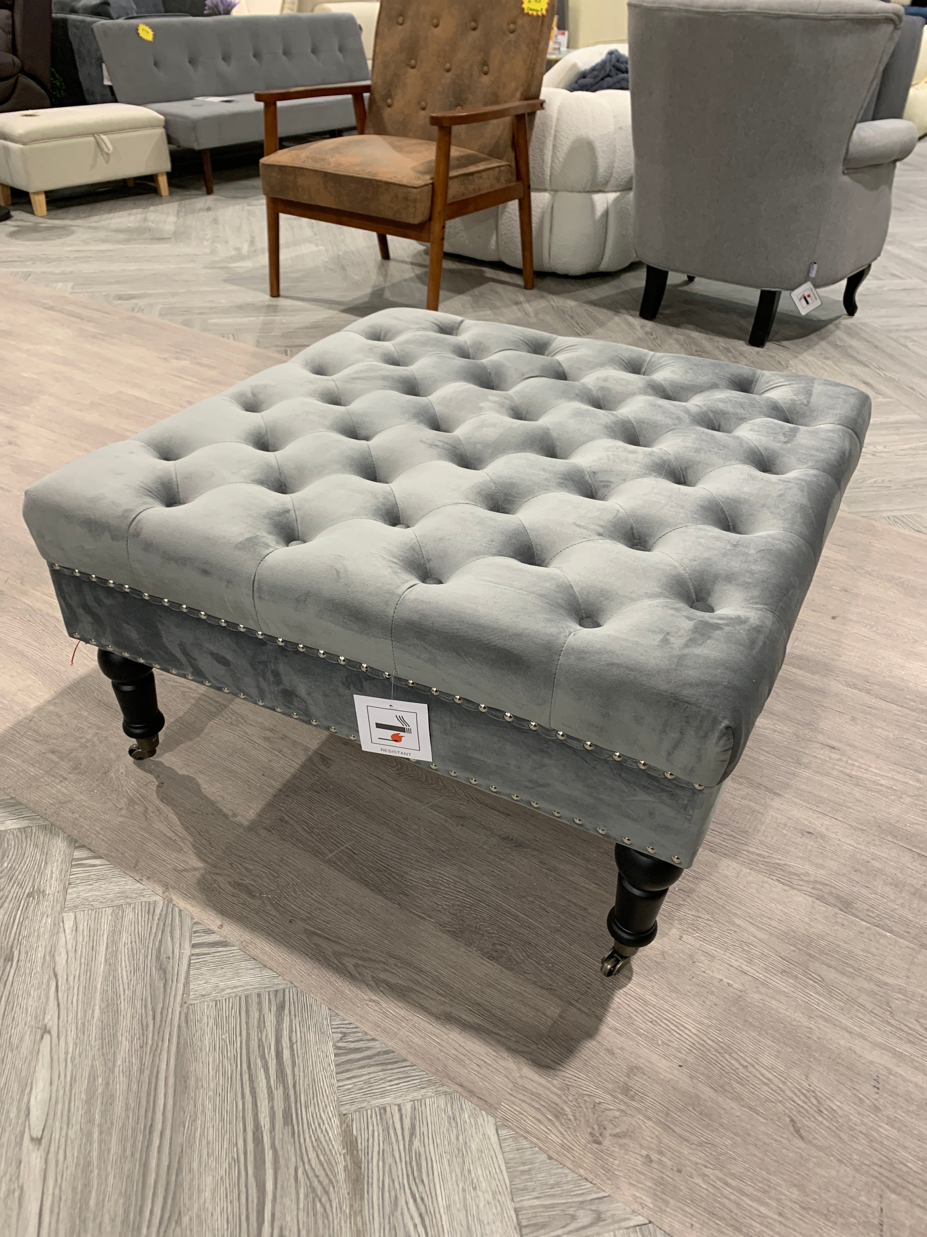 Dark Grey Square Deep Buttoned Ottoman with Studded Edge