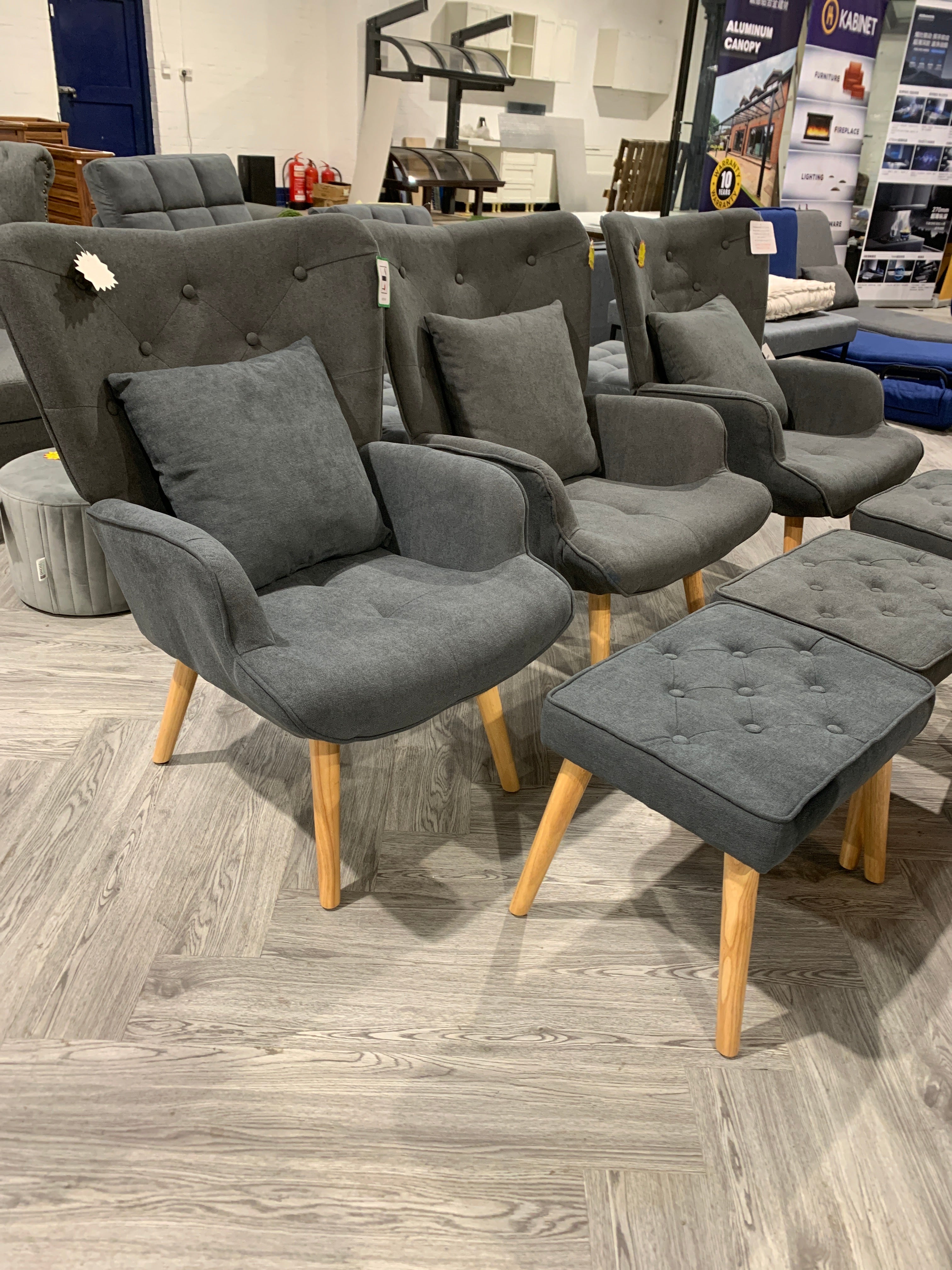 Grey Tufted Armchair with Cushion and Footstool