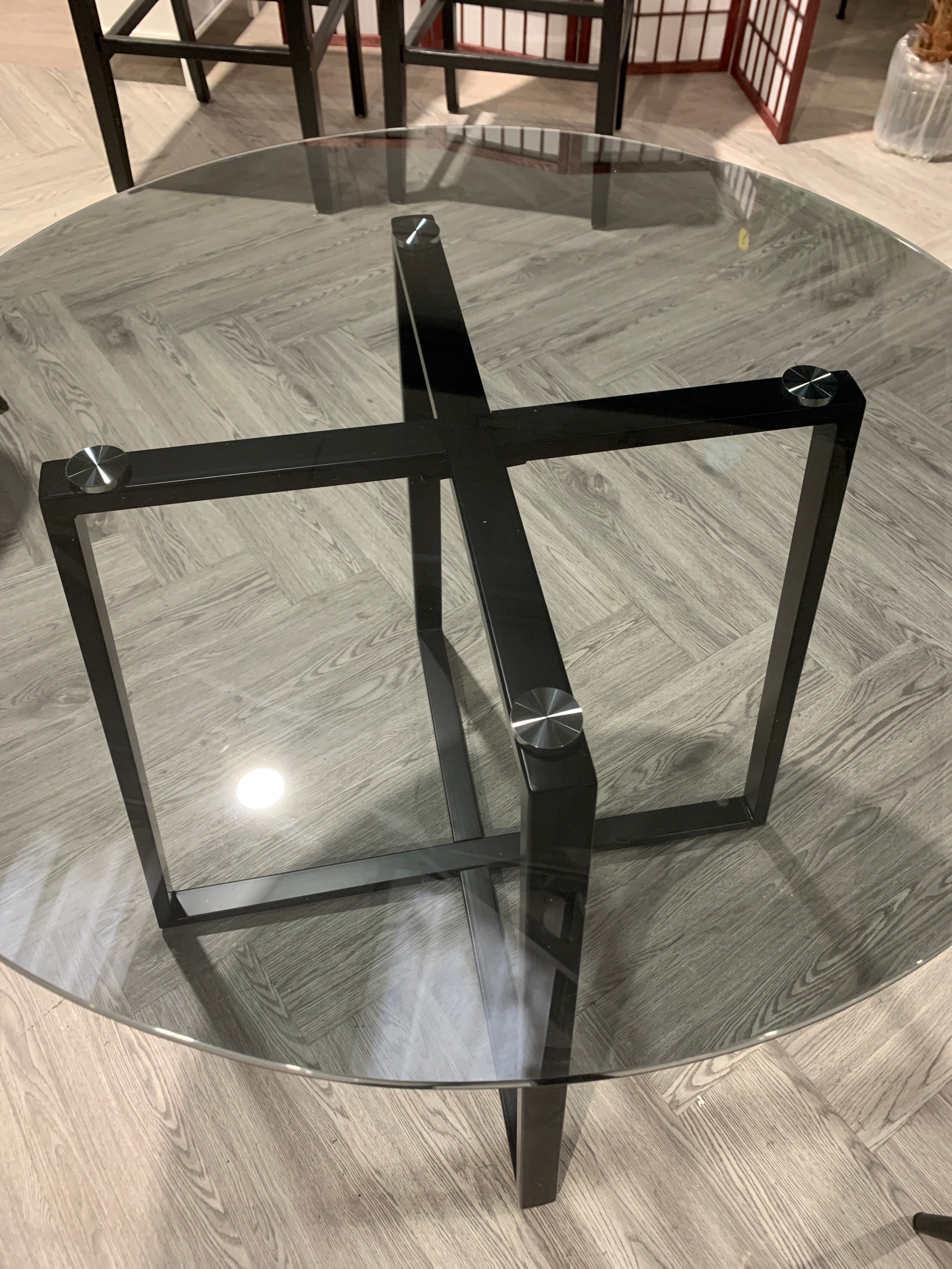 Modern Round Dining Table with Black Tempered Glass Top