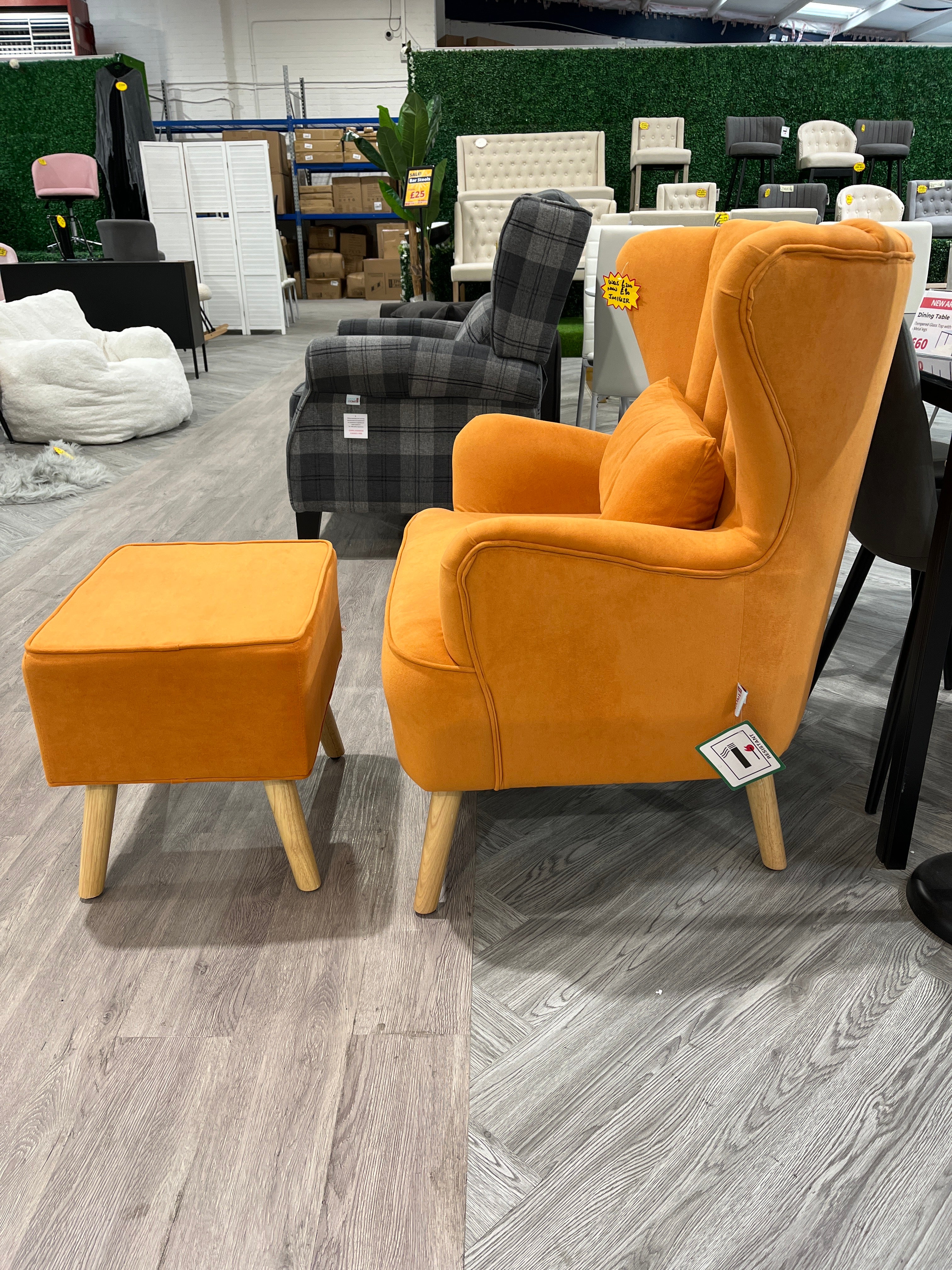 Orange Contemporary Curved Back Single Armchair with Lumbar Pillow and Footstool