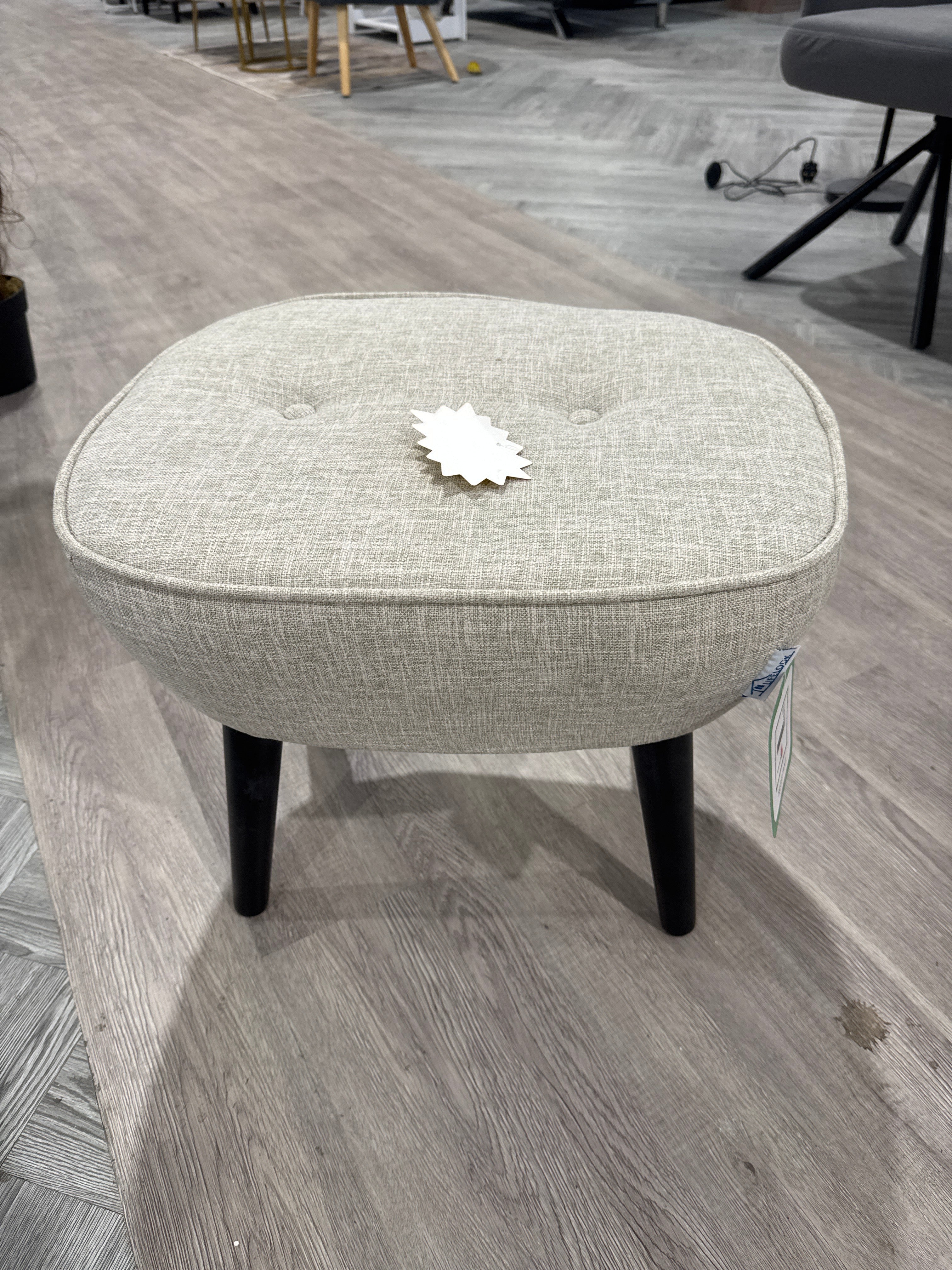 Beige Linen Footstool with Black Legs