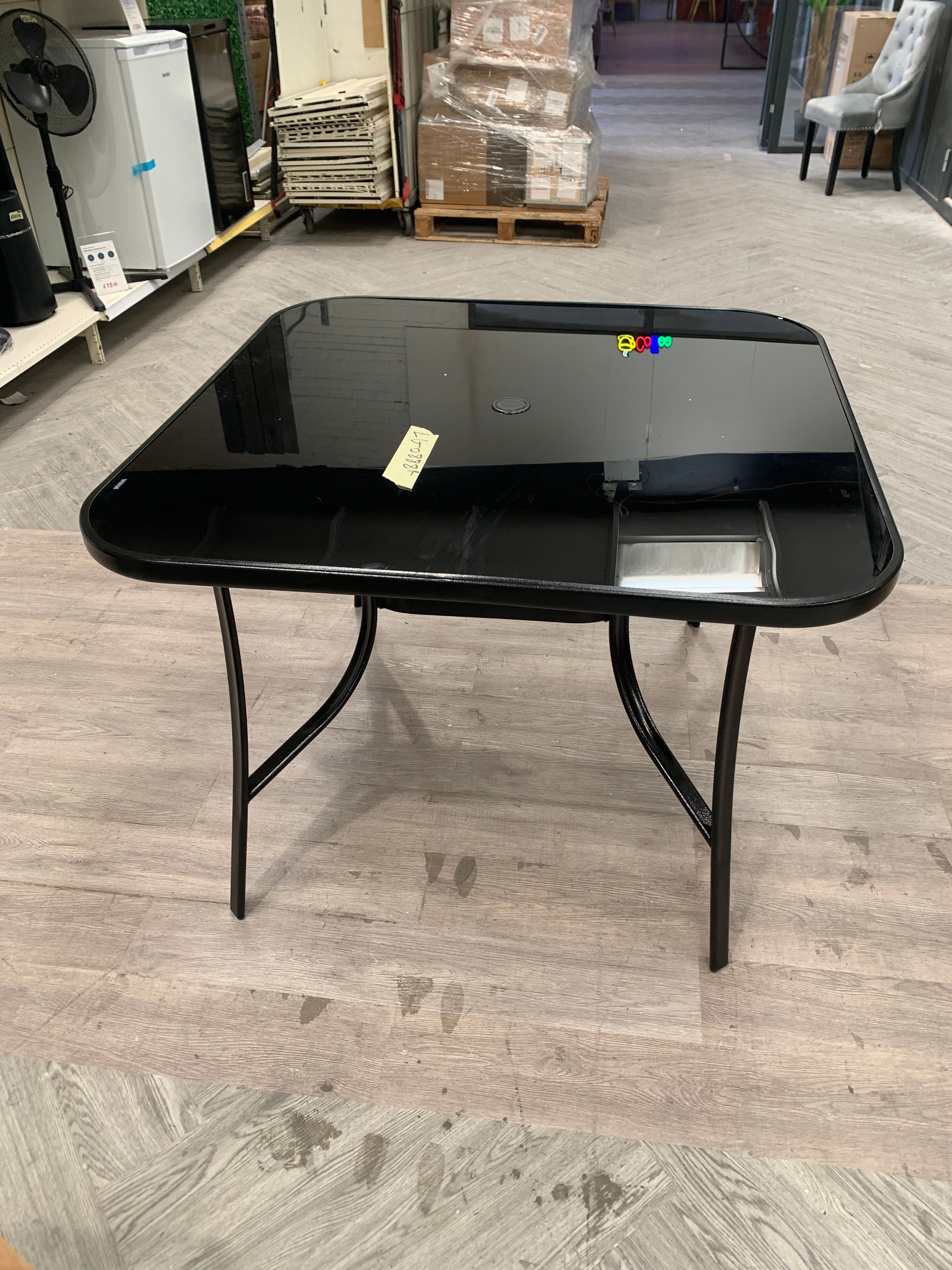 Metallic and Tempered Glass Square Garden Table with Parasol Hole Outdoor 105cm