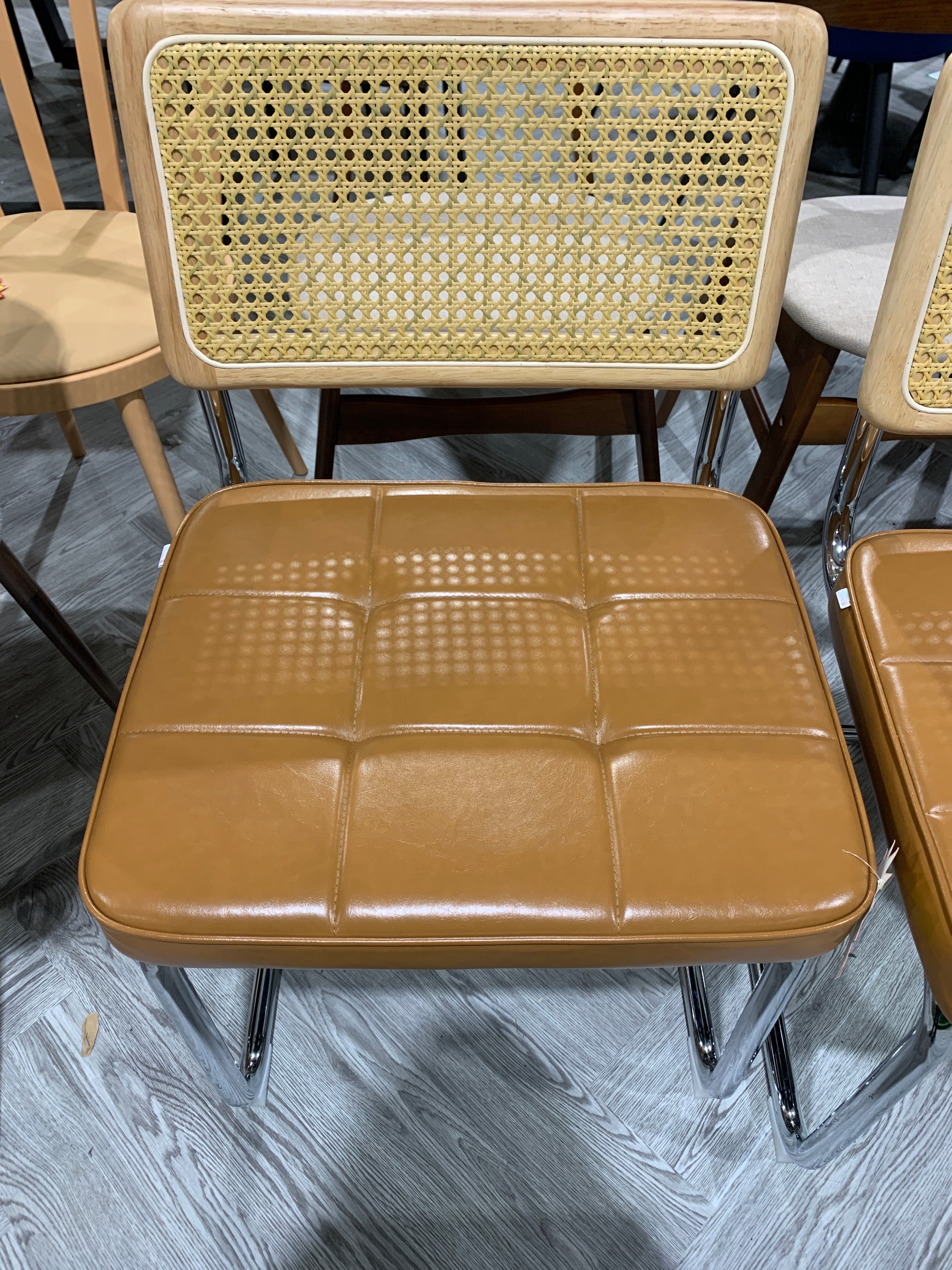 Vintage Rattan Back Brownish Yellow PU Leather Cushion Dining Chairs 1Pc