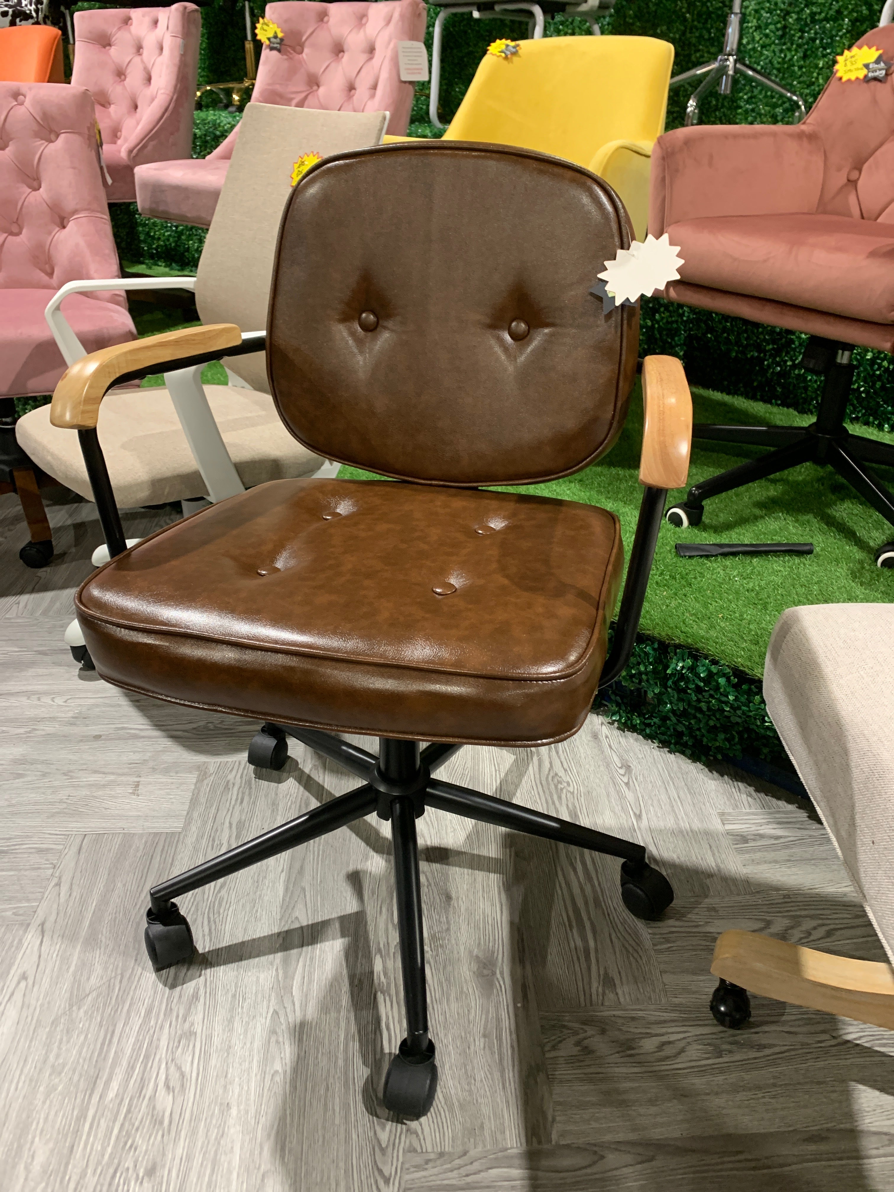 Brown Faux Leather Office Chair with Armrests and Gas Lift